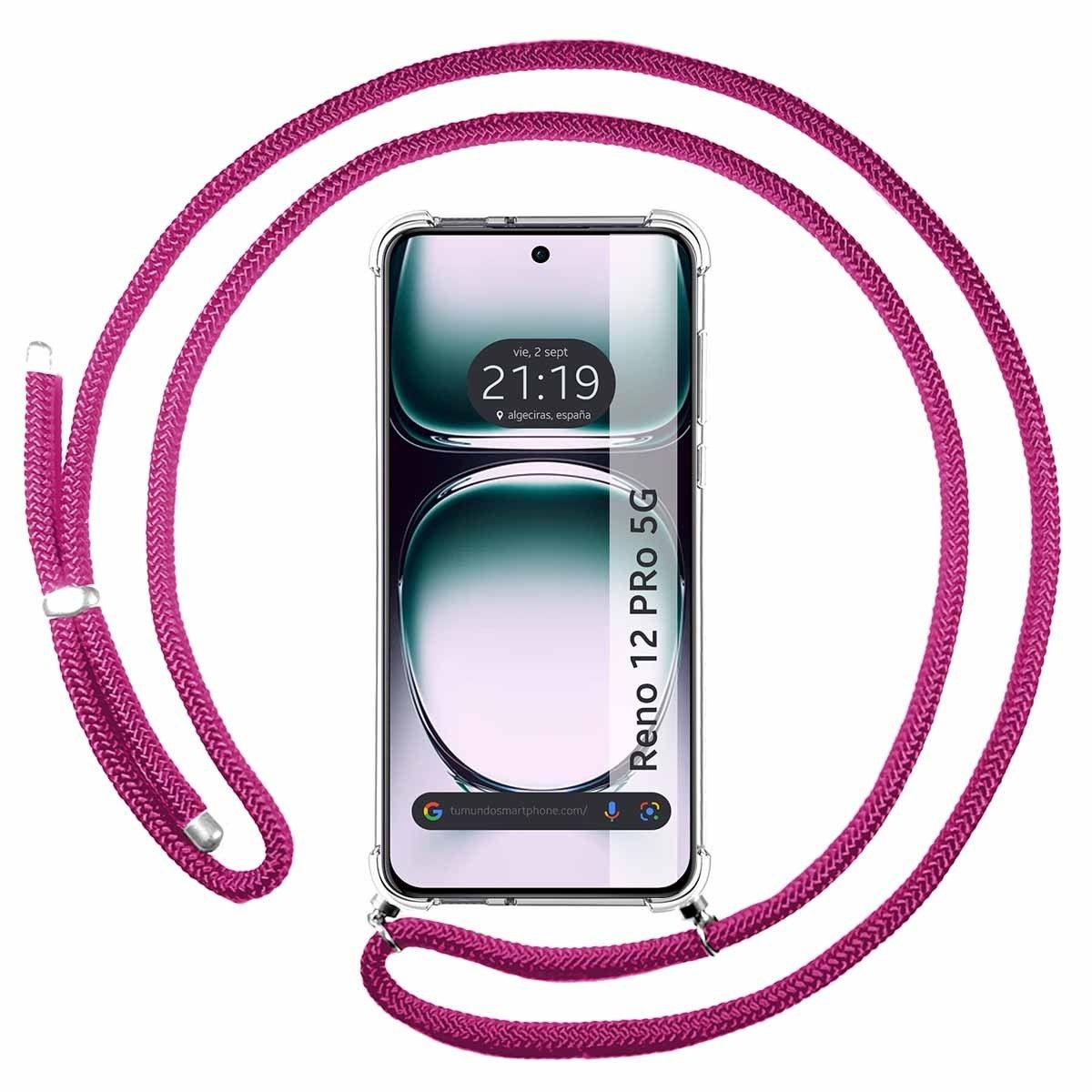Telefono con cordino rosa e Reno 12 Pro 5G in mostra.