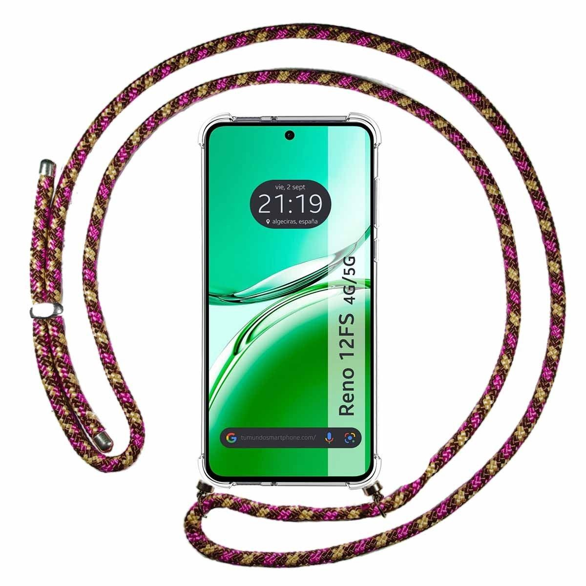 Telefono con cinturino, che mostra data/ora e testo Reno 12FS 4G/5G.
