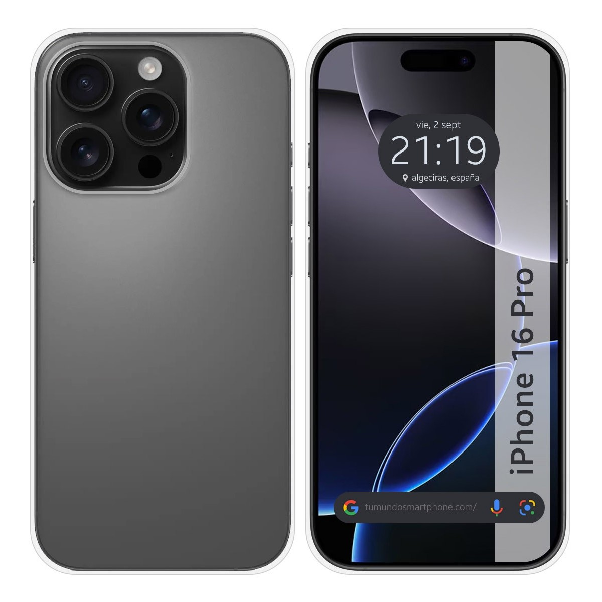 Custodia con un design grigio e schermo iPhone 16 Pro che mostra ora e data.