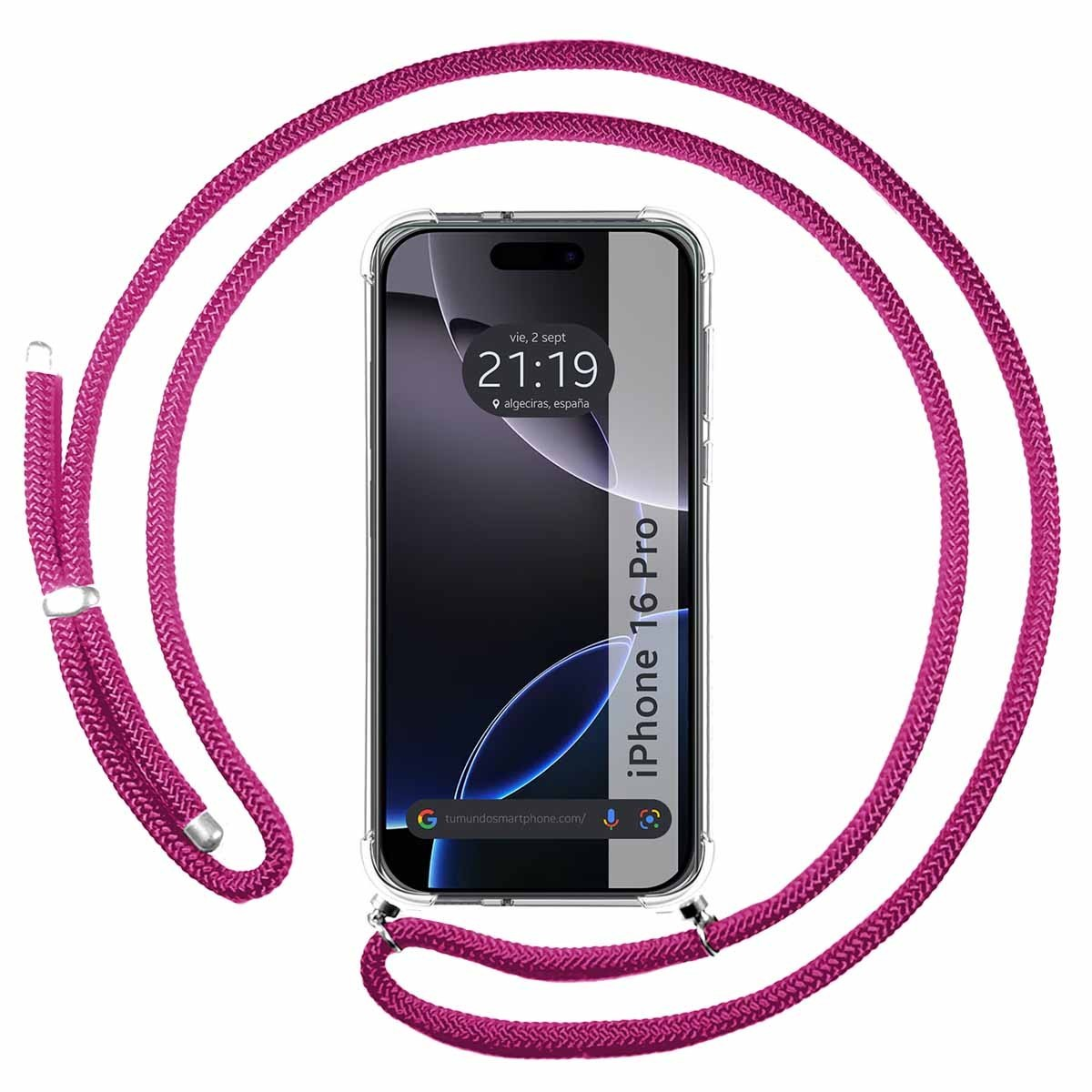 Telefono con un cordino rosa. Il telefono mostra l'ora e la custodia è trasparente.