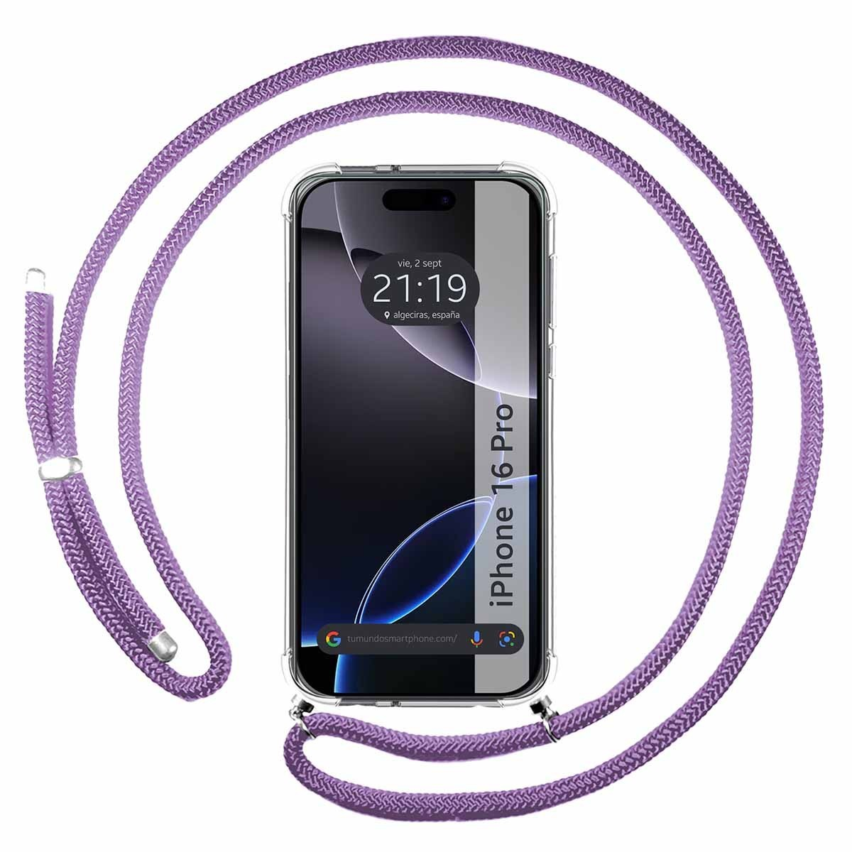 Telefono con cinturino viola, schermo mostra ora e informazioni.
