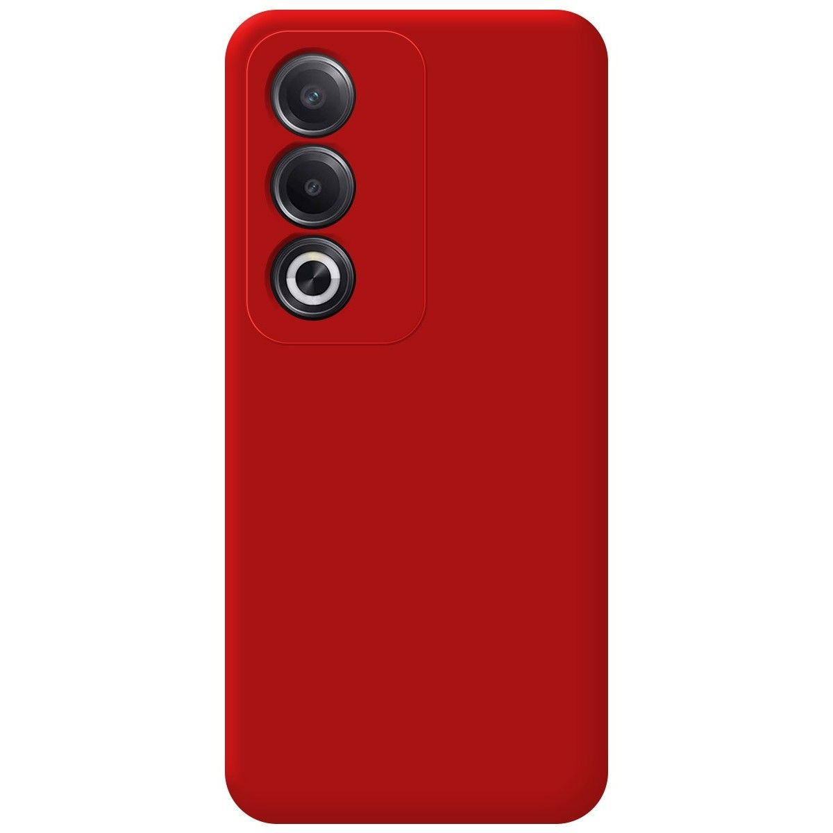 Telefono rosso con modulo fotocamera sul retro.