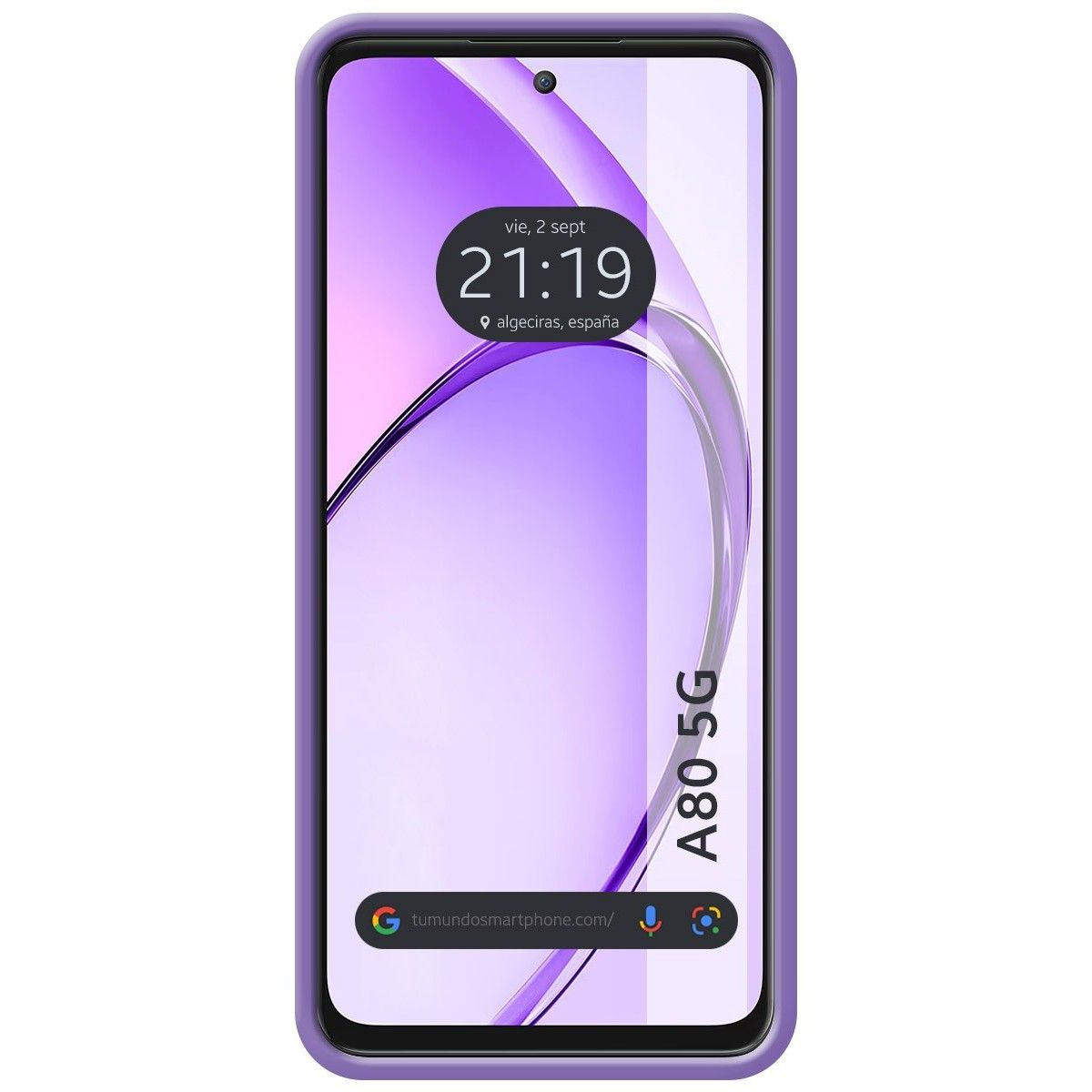 Telefono con custodia viola. Lo schermo mostra ora, data e luogo. Sfondo bianco.