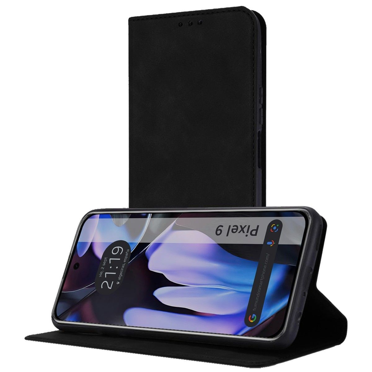 Telefono nero con custodia nera. Il telefono è aperto, rivelando lo schermo e la cover posteriore.