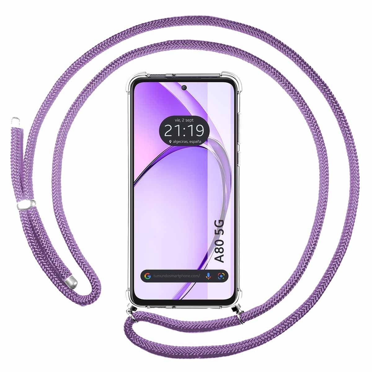 Un telefono con un cordino viola è appeso davanti alla fotocamera.