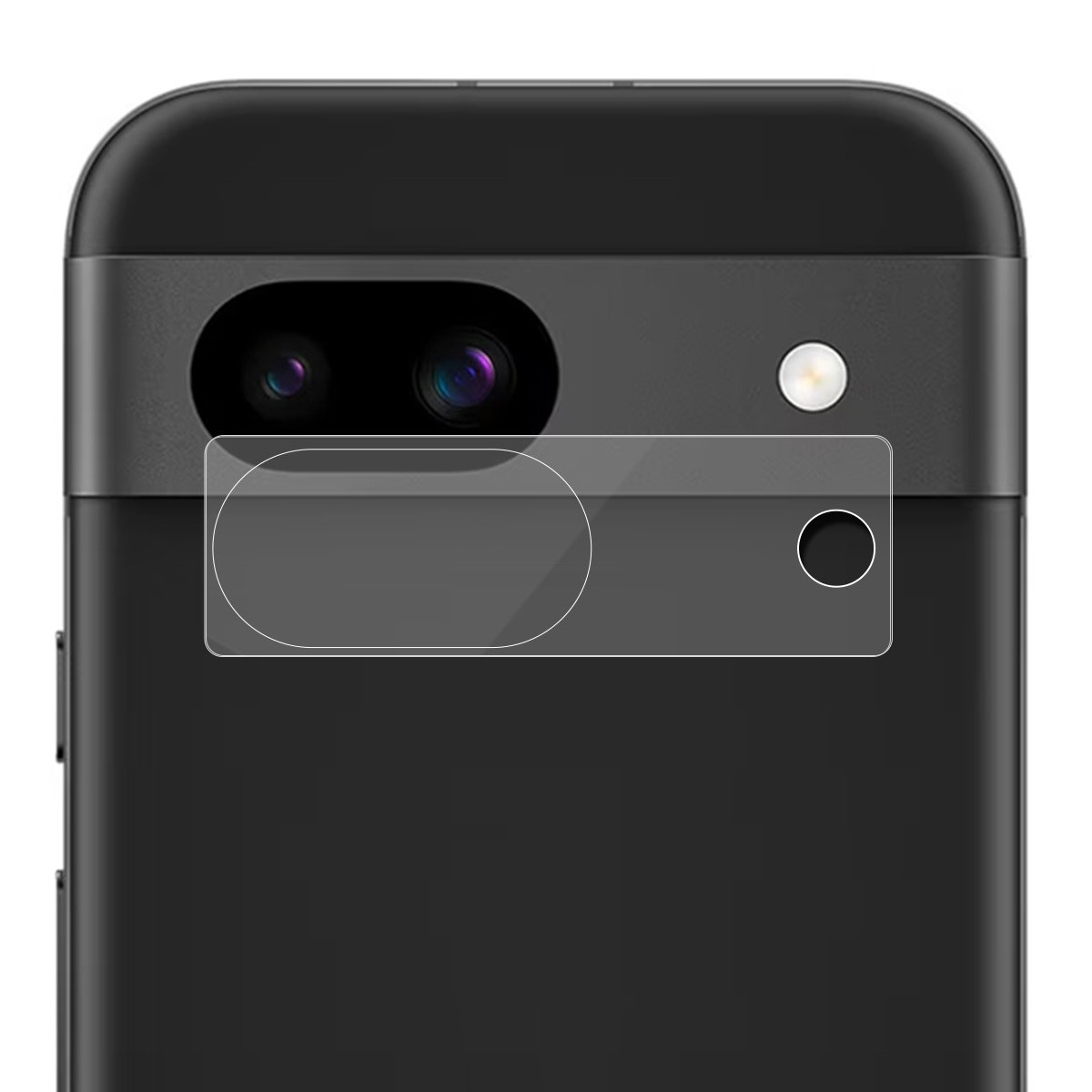 Primo piano di un telefono nero. Una protezione per lo schermo copre le lenti della fotocamera.