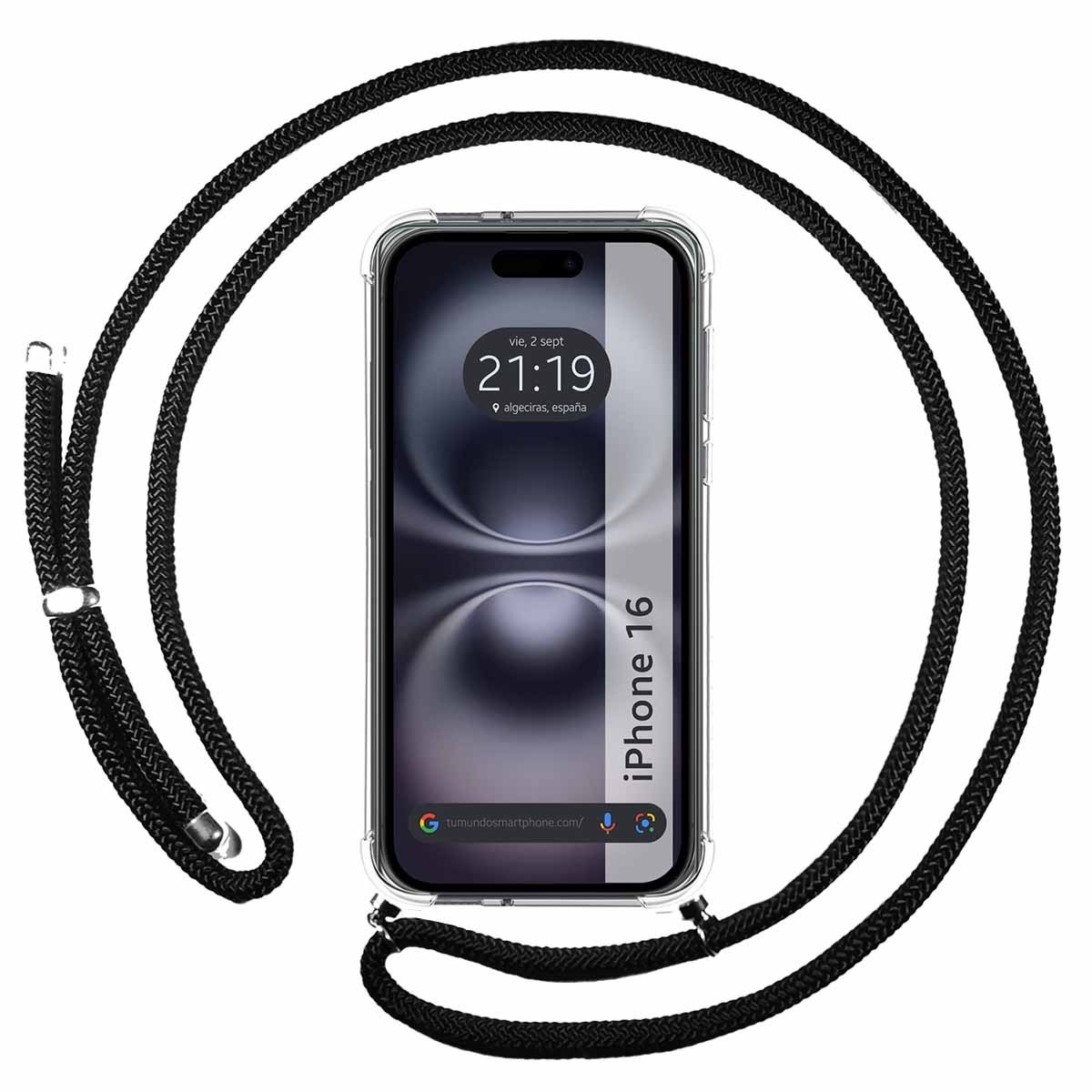 Telefono con custodia trasparente, cavo nero. Schermo mostra ora, posizione e testo "iPhone 16".