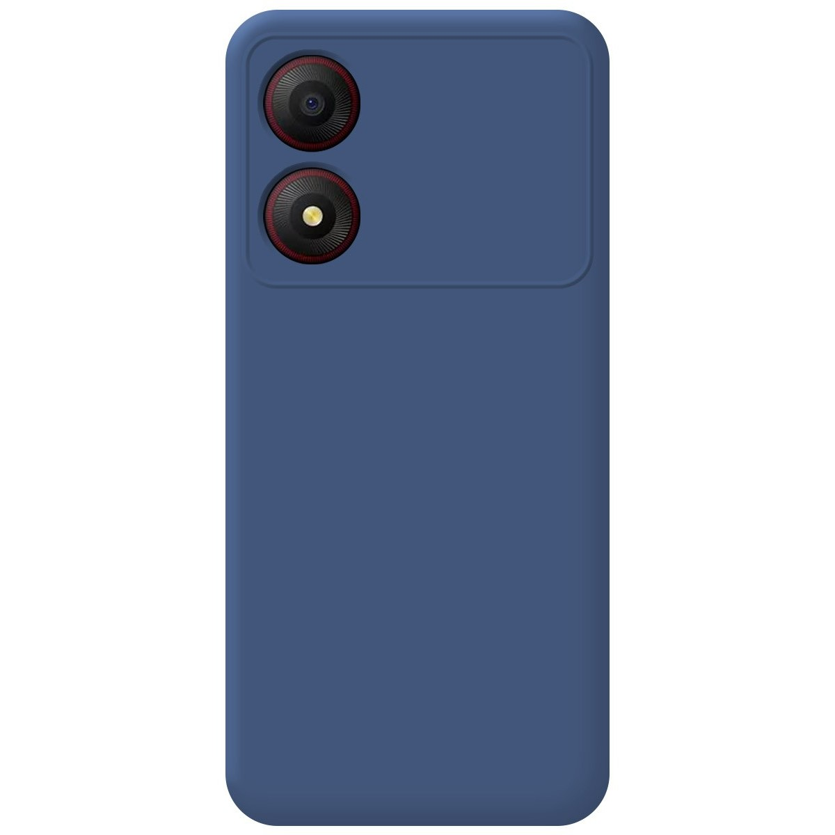 Custodia per telefono blu con modulo fotocamera a due lenti, su sfondo uniforme.