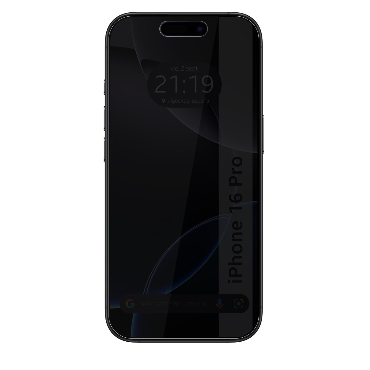 iPhone 16 Pro. Display mostra ora e luogo. Telefono nero.