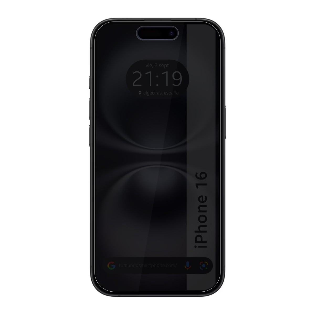 Telefono, vista frontale, mostra ora e posizione. Sfondo nero.