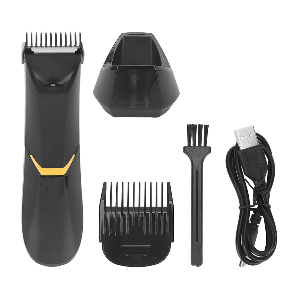 Schwarzer Trimmer, Ständer, Kamm, Bürste und USB-Kabel auf Weiß. Goldakzent am Trimmer.