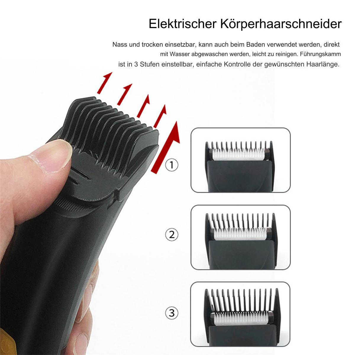Eine Hand, die einen schwarzen Haarschneider hält und verschiedene Schnittlängen zeigt.