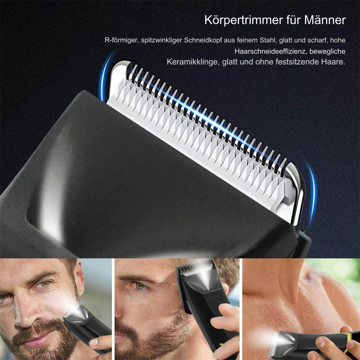 Schwarzer Haartrimmer. Drei Bilder zeigen die Verwendung an Bart, Gesicht und Körper. Text in Deutsch.