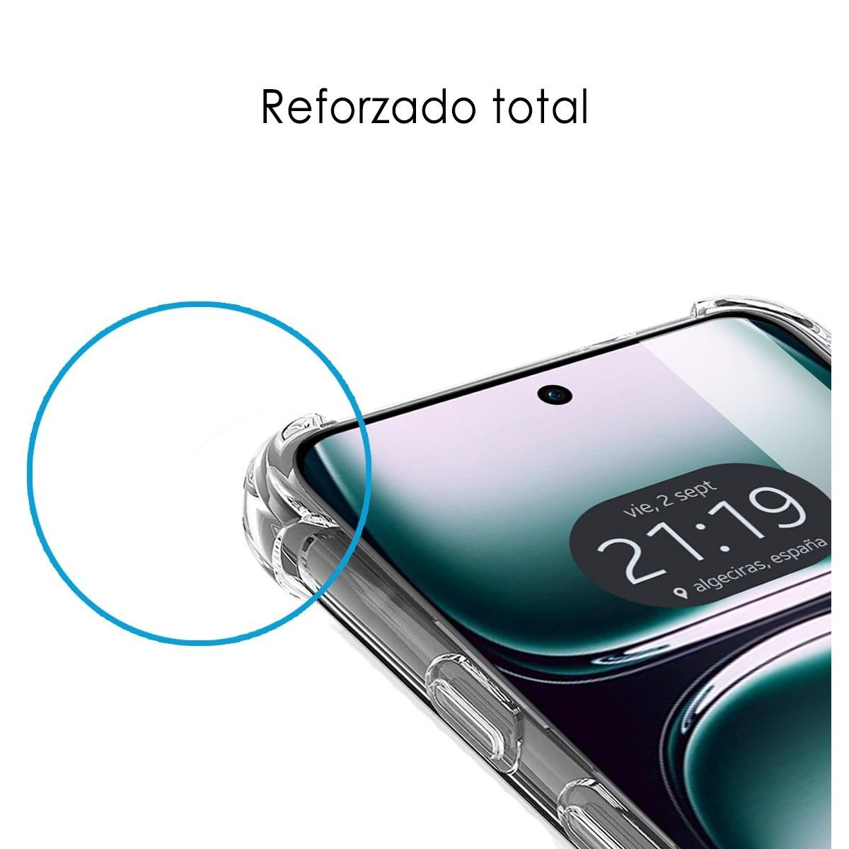 Primo piano di una custodia per telefono con cornice trasparente e uno schermo del telefono con ora e posizione visualizzate.