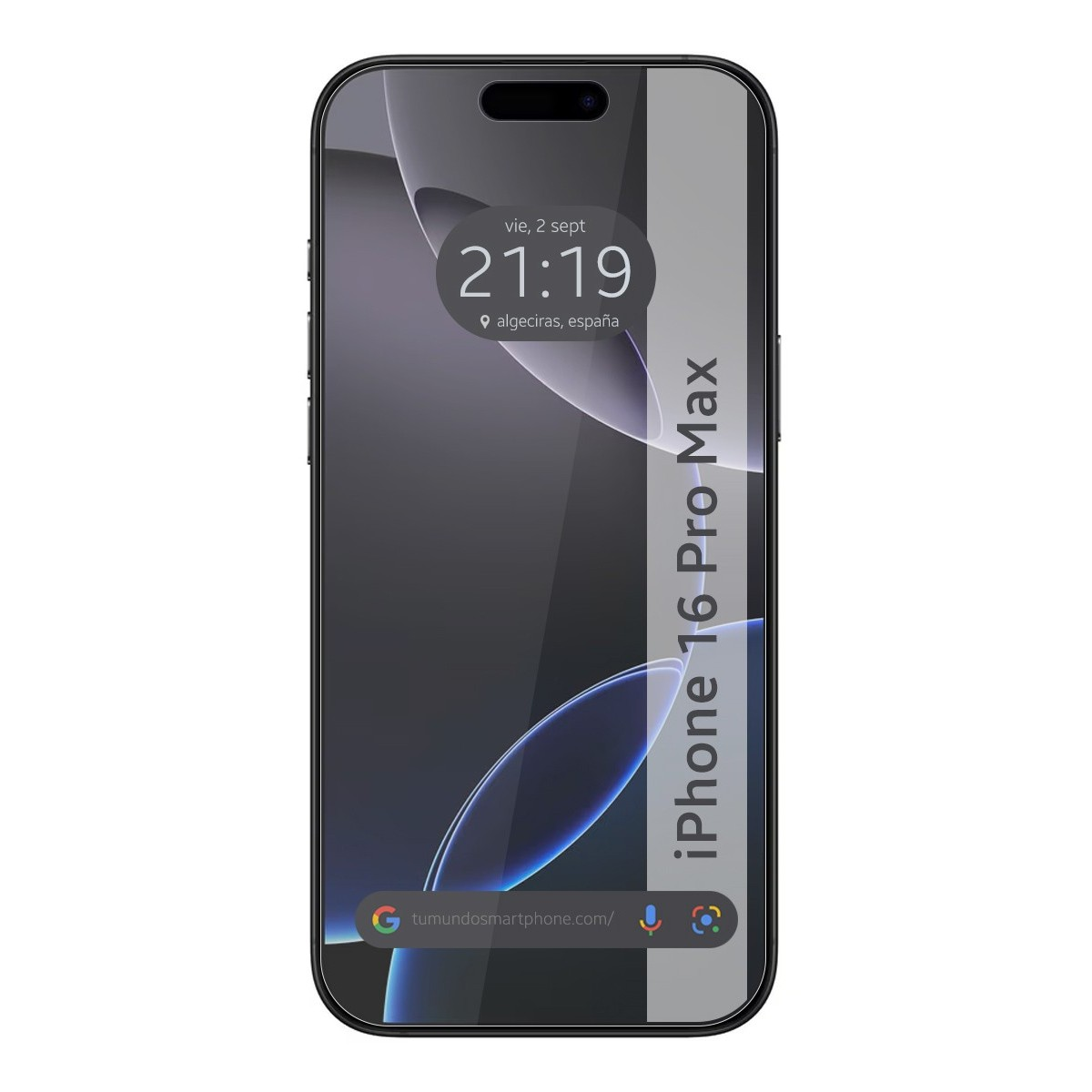 iPhone 16 Pro Max nero con schermo scuro, indirizzo del sito web e visualizzazione dell'ora.