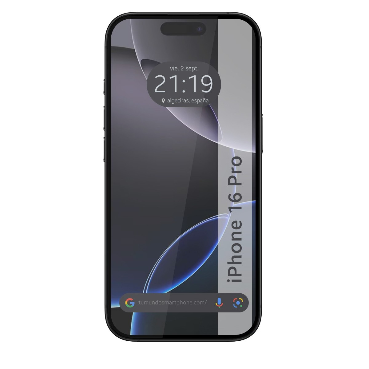 Schermo del telefono nero con ora e posizione. "iPhone 16 Pro" è scritto sul lato destro.