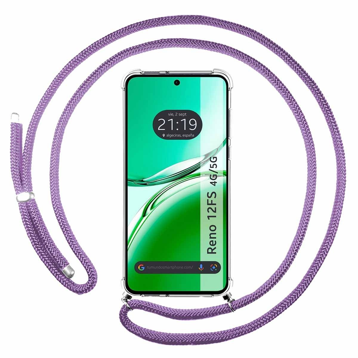 Cinturino viola per telefono con custodia trasparente. Il telefono mostra l'ora e la posizione.