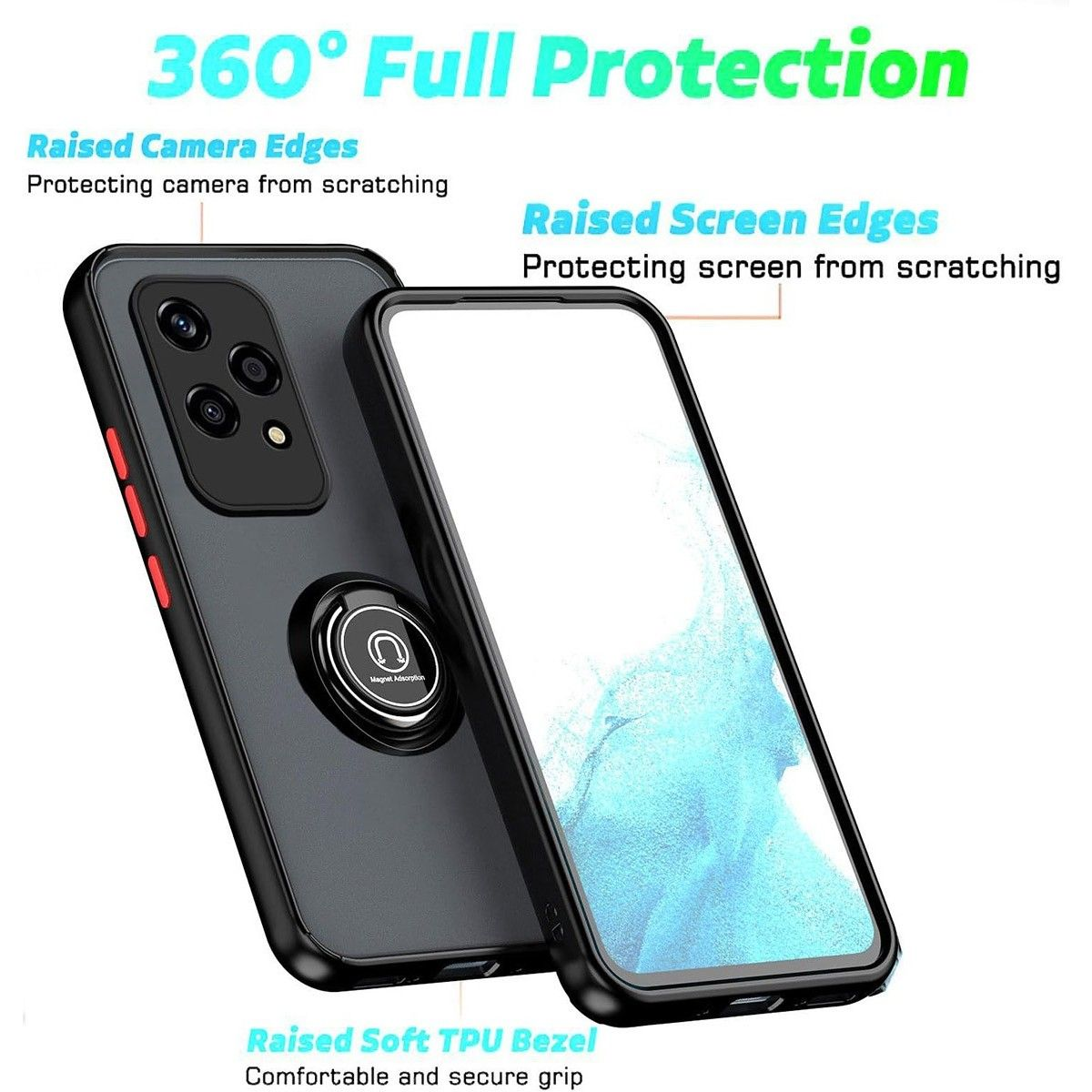 Funda de teléfono con características de diseño: Bordes elevados, bordes de pantalla elevados, bisel de TPU suave elevado.