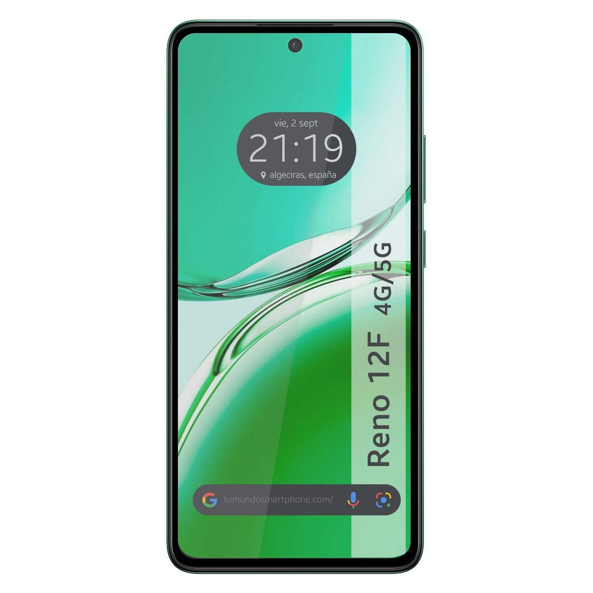 Un telefono con una custodia verde che mostra l'ora e la data sullo schermo.