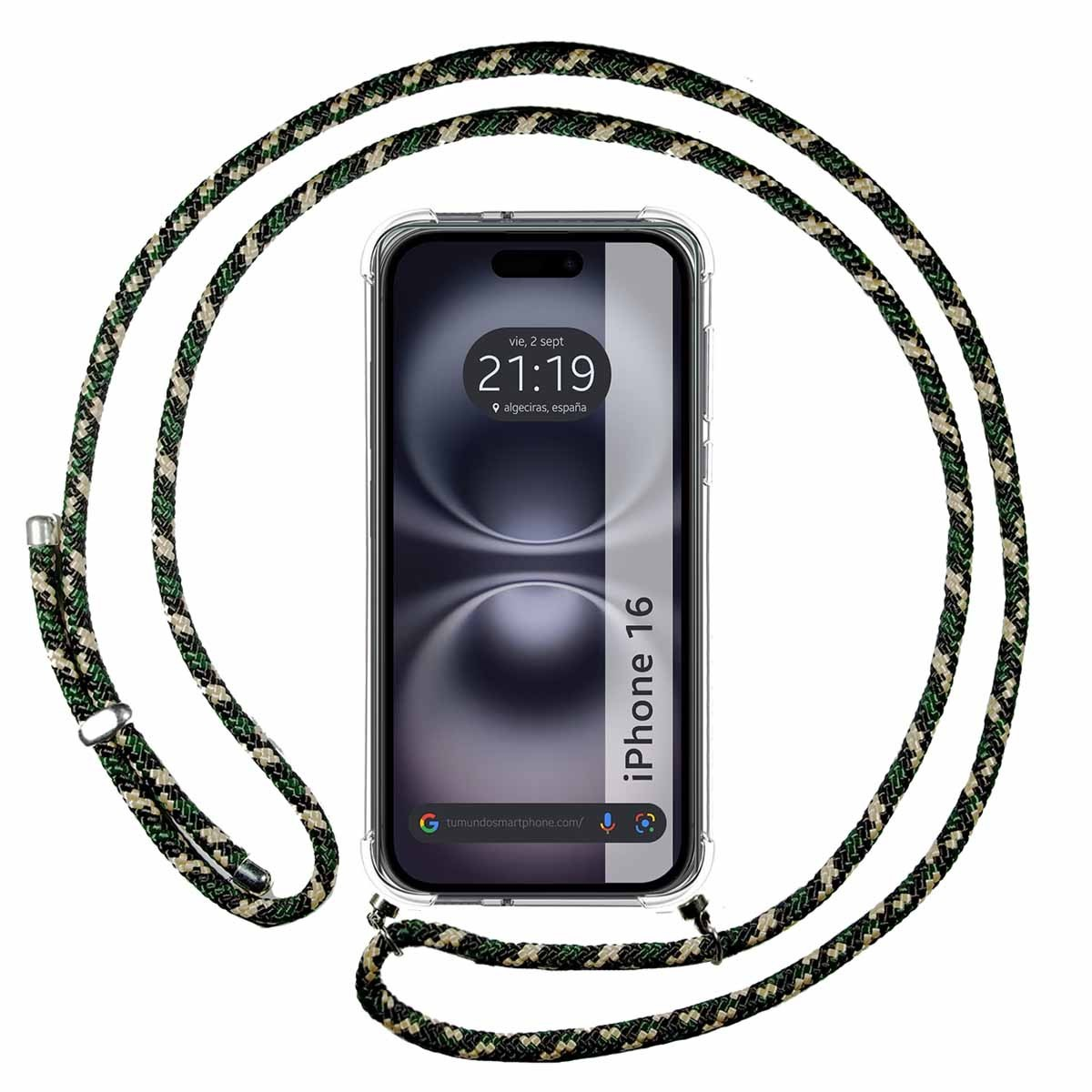 Telefono con un cordino mimetico verde e nero. Il telefono mostra l'ora e la data.
