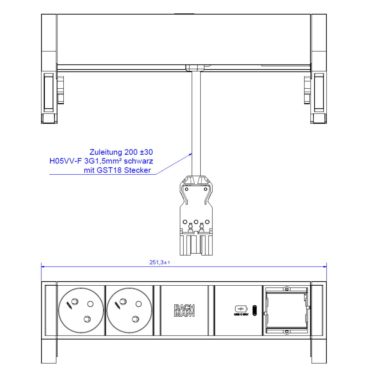 Disegno tecnico di un dispositivo elettrico con etichette di testo e dimensioni.