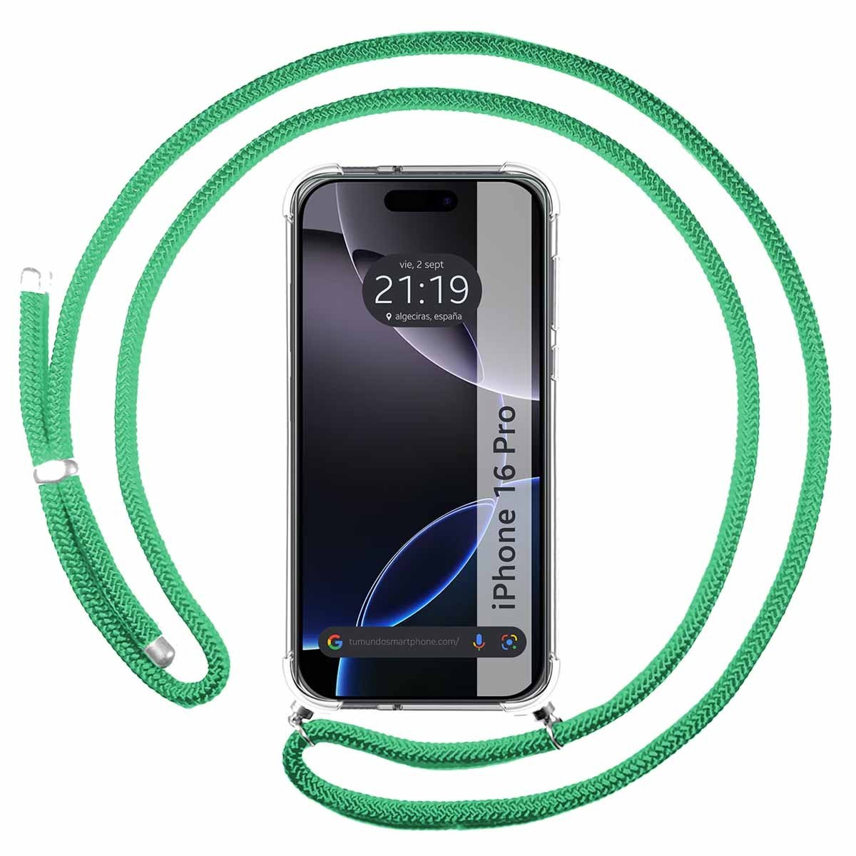 Laccio verde per telefono con telefono in una custodia trasparente. Lo schermo mostra l'ora.