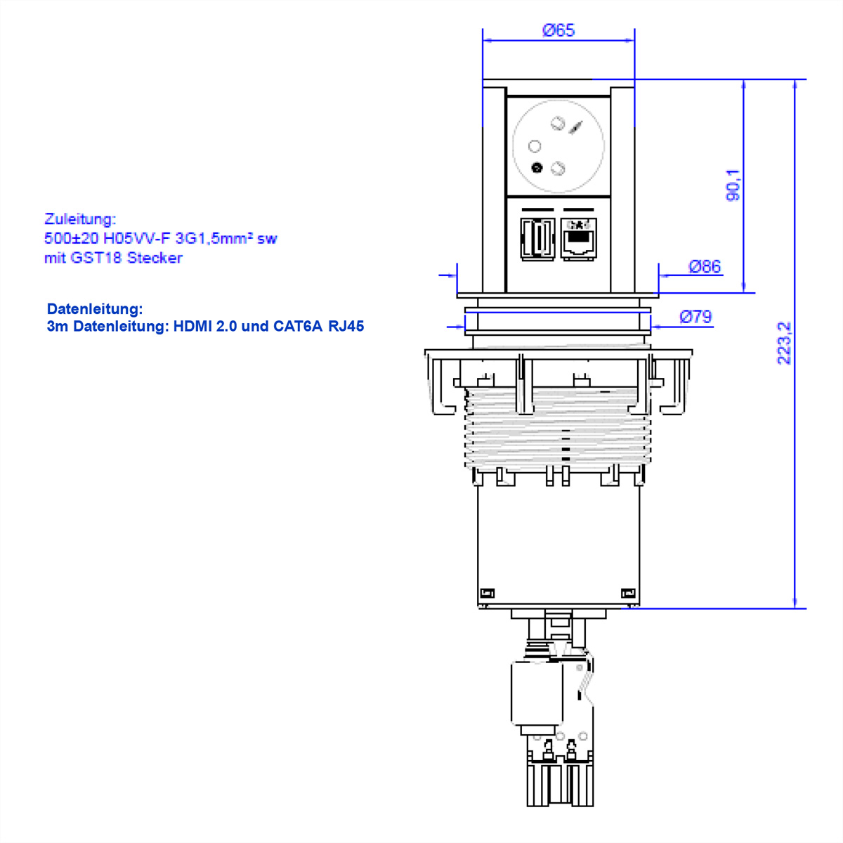 Disegno tecnico di una presa di corrente con dimensioni ed etichette.