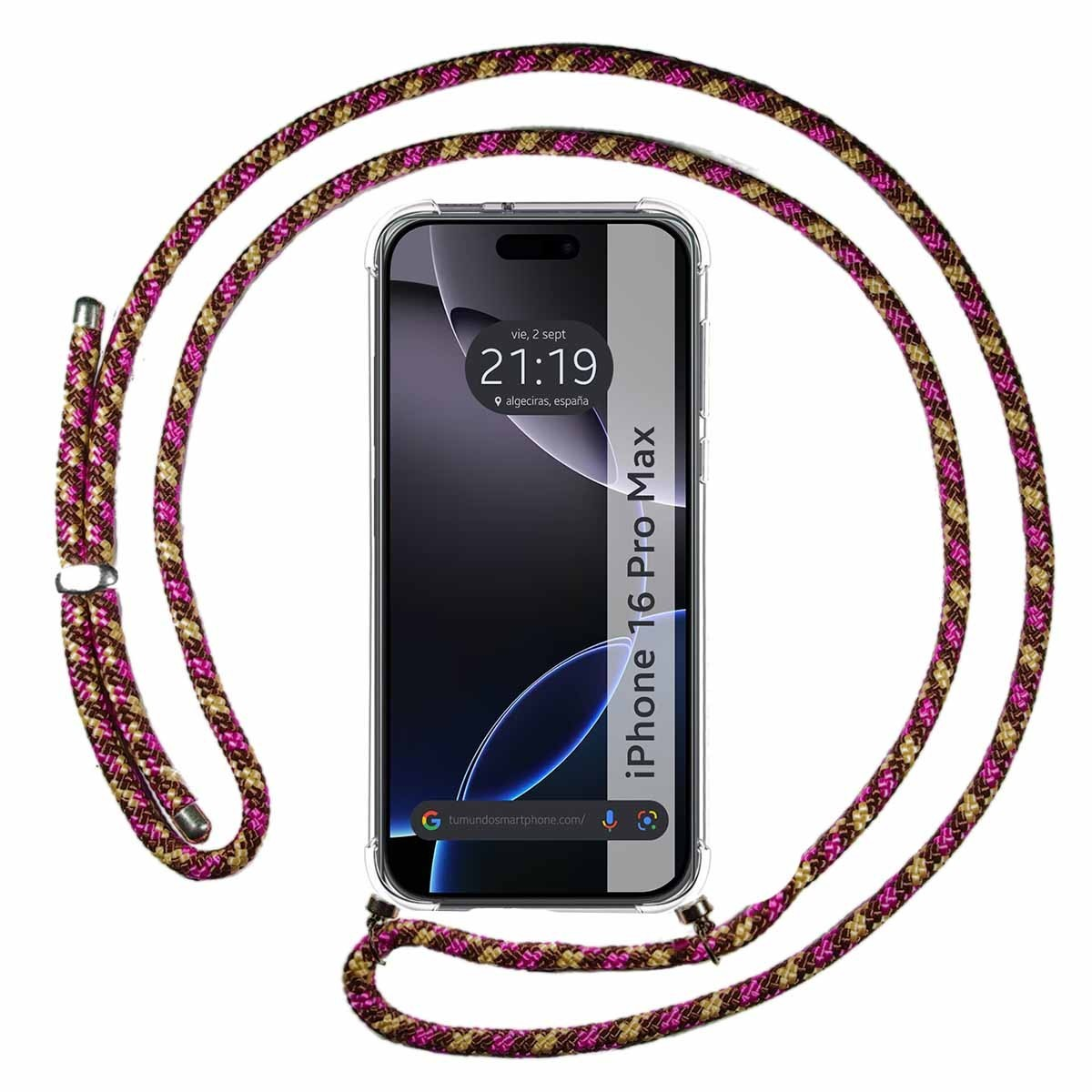 Un telefono con un cordino. Il telefono mostra l'ora, è un iPhone 16 Pro Max. Il cordino è rosa e marrone.