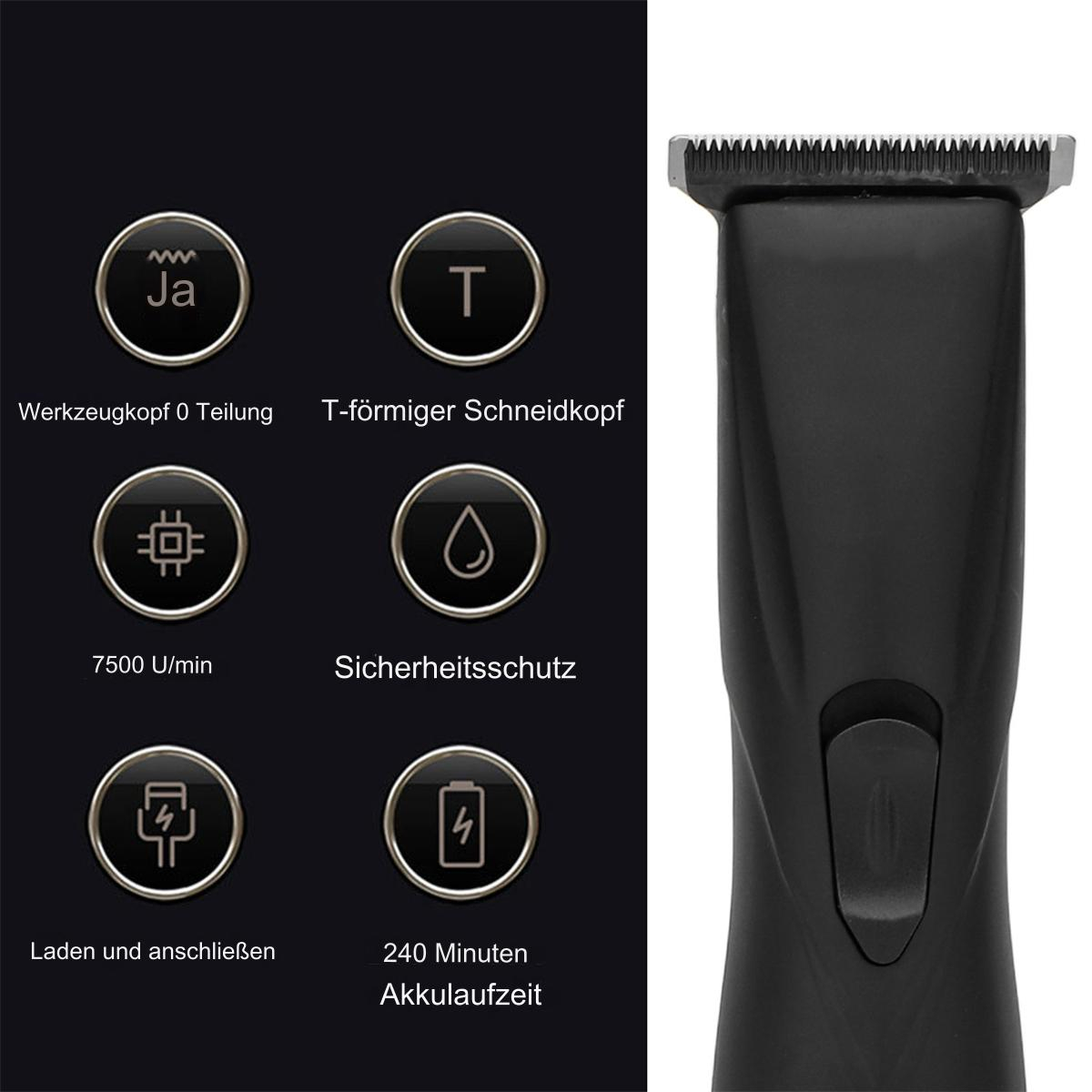 Schwarzer Haarschneider mit Symbolen, die Funktionen wie Aufladen, Klinge und Akkulaufzeit anzeigen.