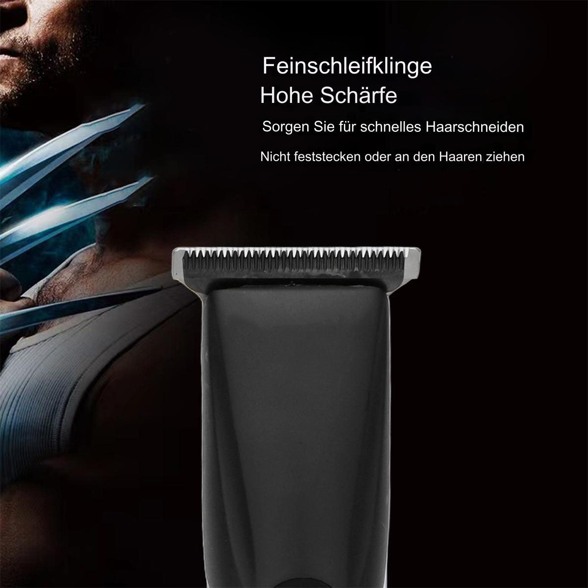 Nahaufnahme einer schwarzen Trimmerklinge mit Text über die Eigenschaften.