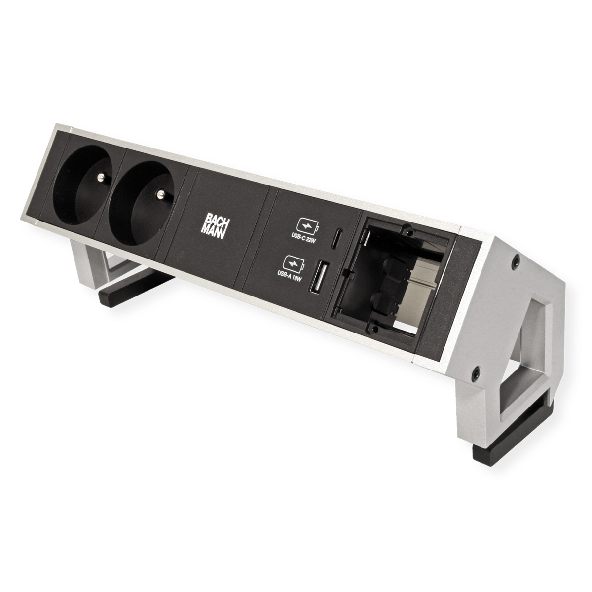 Silberne und schwarze Steckdosenleiste mit Steckdosen und USB-Anschlüssen. Text: 'BACHMANN'.