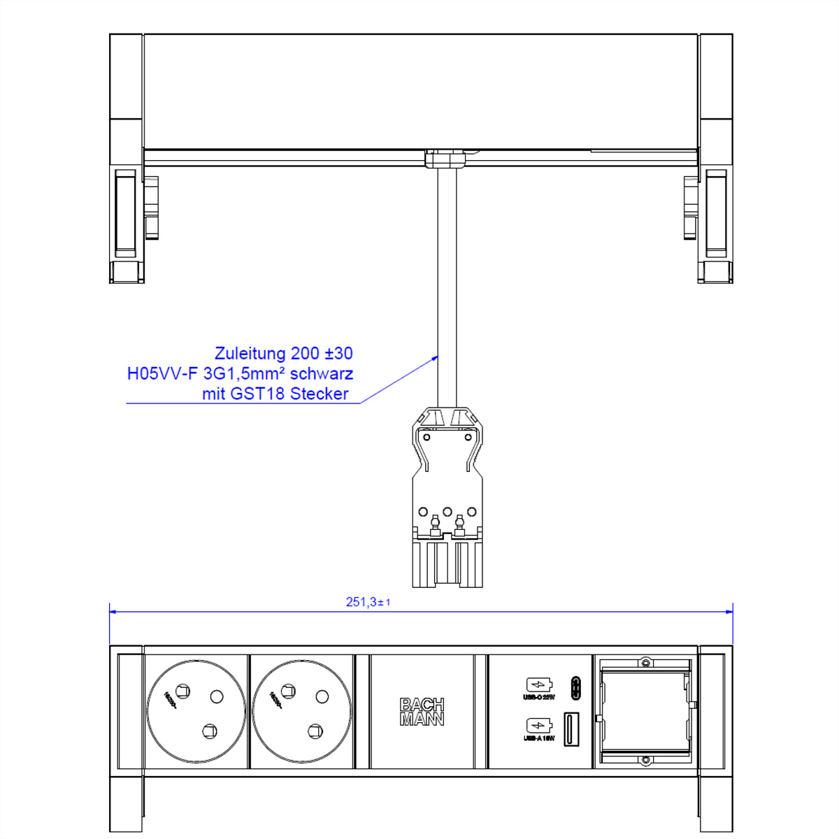 Diagram van een stopcontact met afmetingen en tekstannotaties in het Duits.