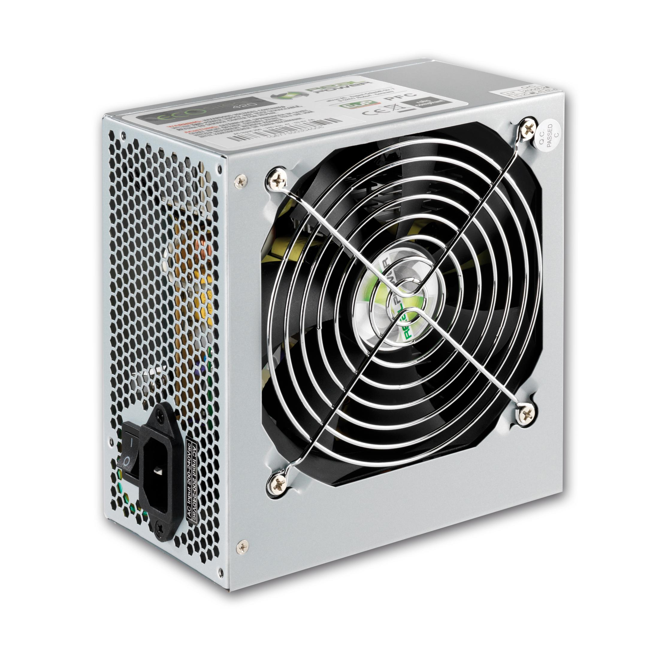 Un alimentatore per computer argentato con una ventola nera e fori di ventilazione.