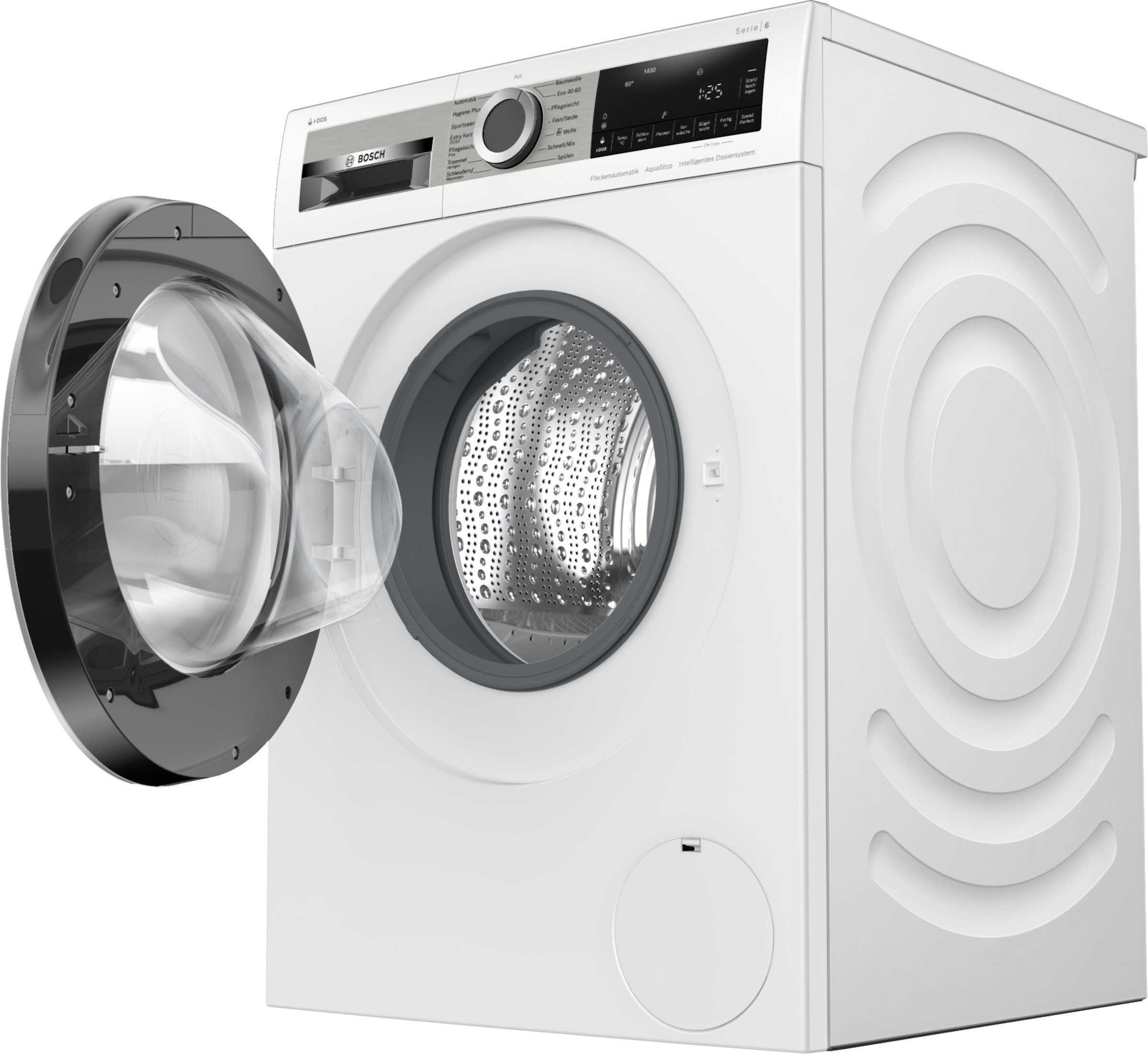 Weiße Waschmaschine mit offener Tür, die das Innere zeigt. Sie hat ein digitales Display.