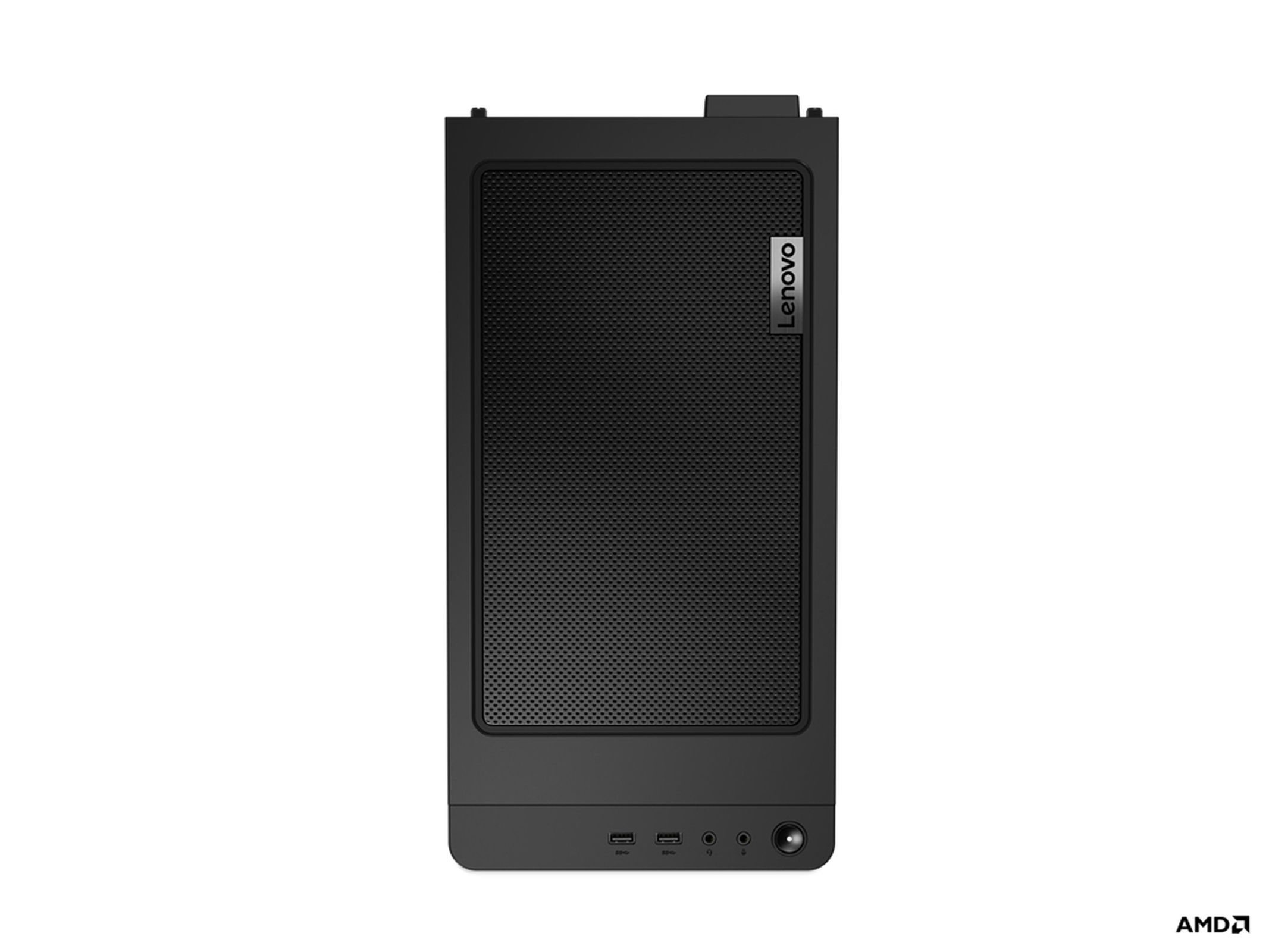 Schwarzer Lenovo Desktop-Computer auf weißem Hintergrund, Vorderansicht. Das Lenovo-Logo ist sichtbar.