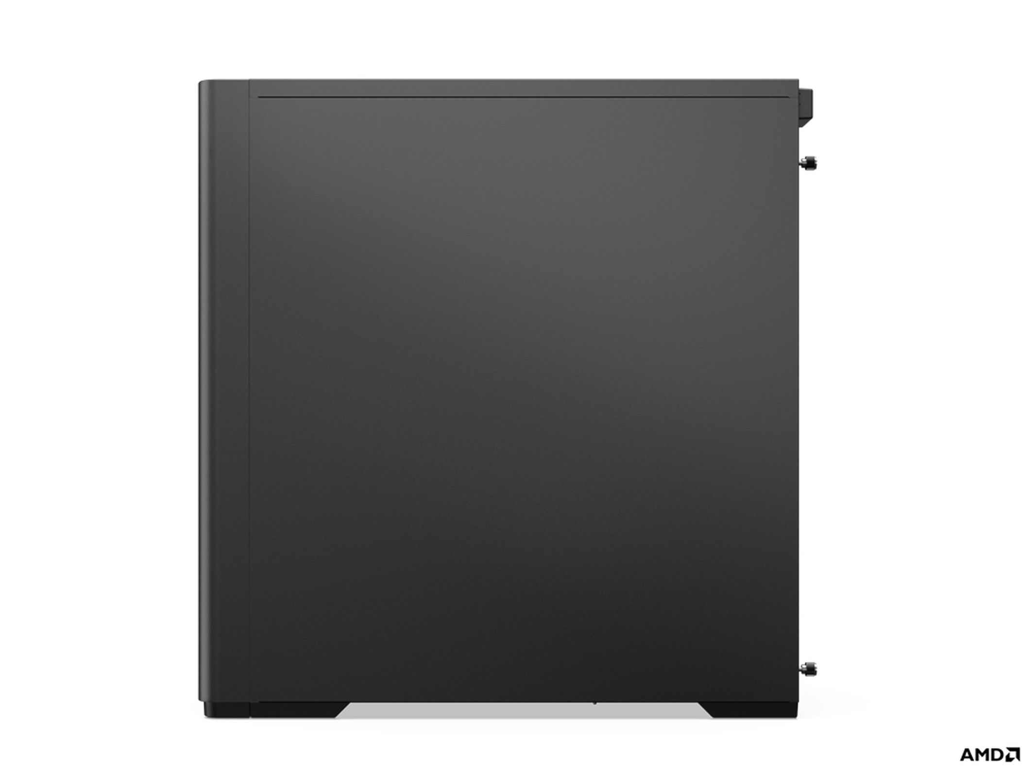 Ein schwarzes Computergehäuse mit seitlichem Glas, mit dem AMD-Logo.
