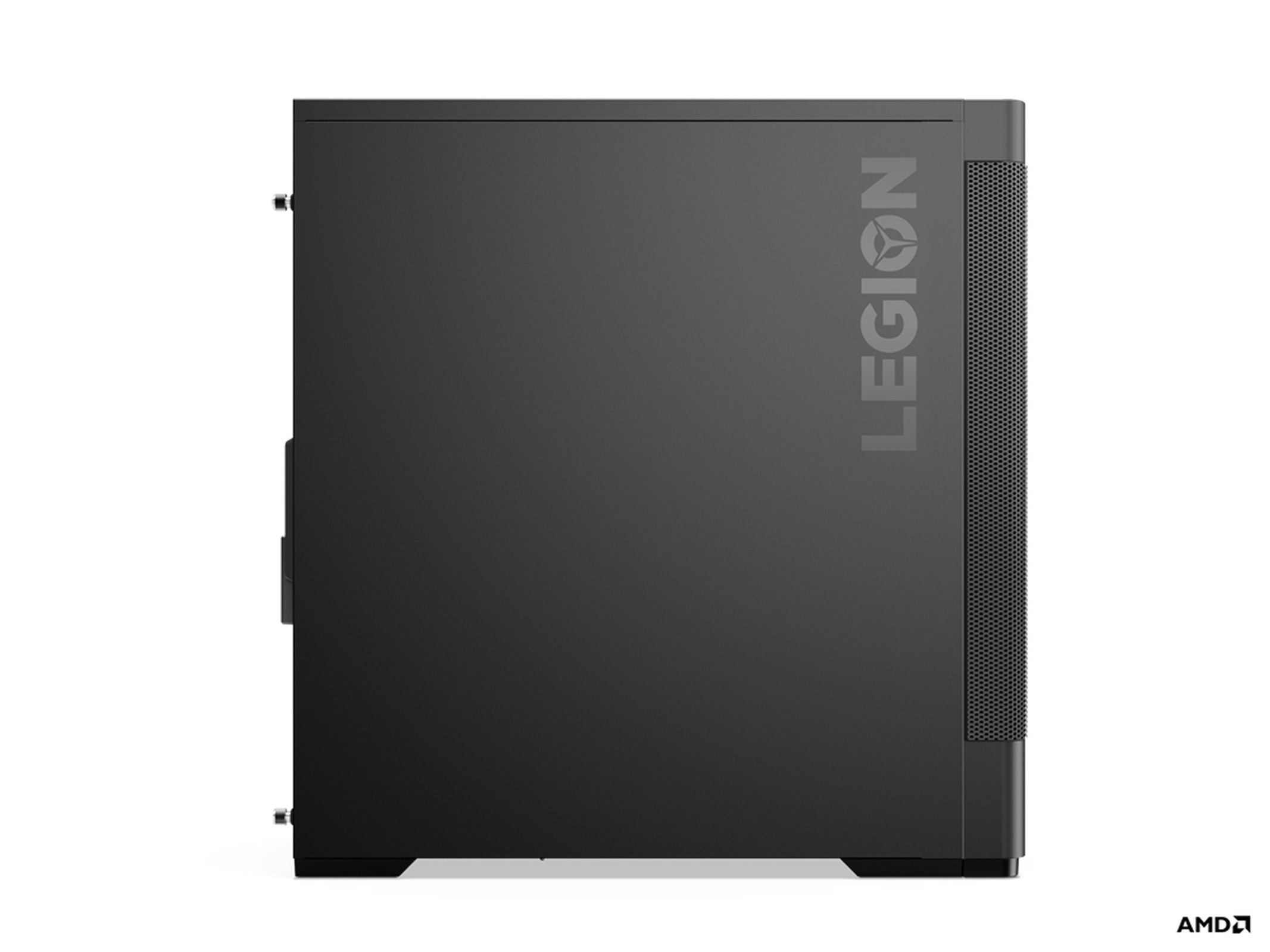 Schwarzer Computer-Tower mit dem Wort 'LEGION' an der Seite. Die Marke 'AMD' befindet sich unten.
