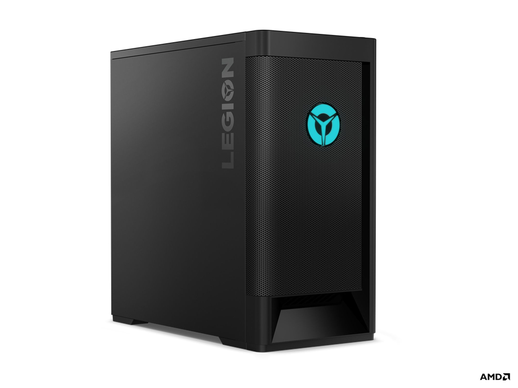 Ein schwarzer Legion-Computerturm auf weißem Hintergrund, mit dem AMD-Logo.