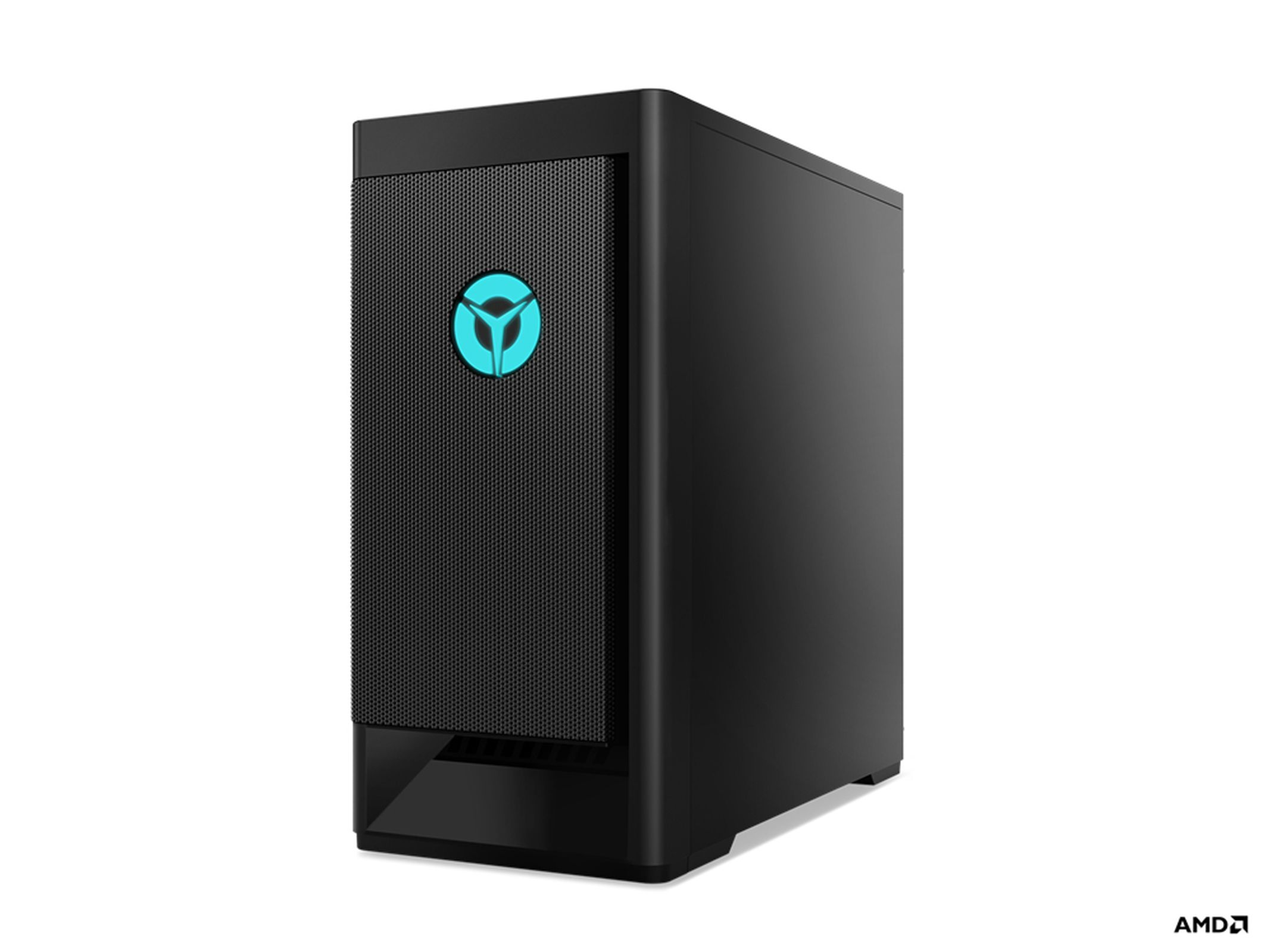 Schwarzer Lenovo Legion Desktop-Computer mit blauem, beleuchtetem Logo auf der Vorderseite.