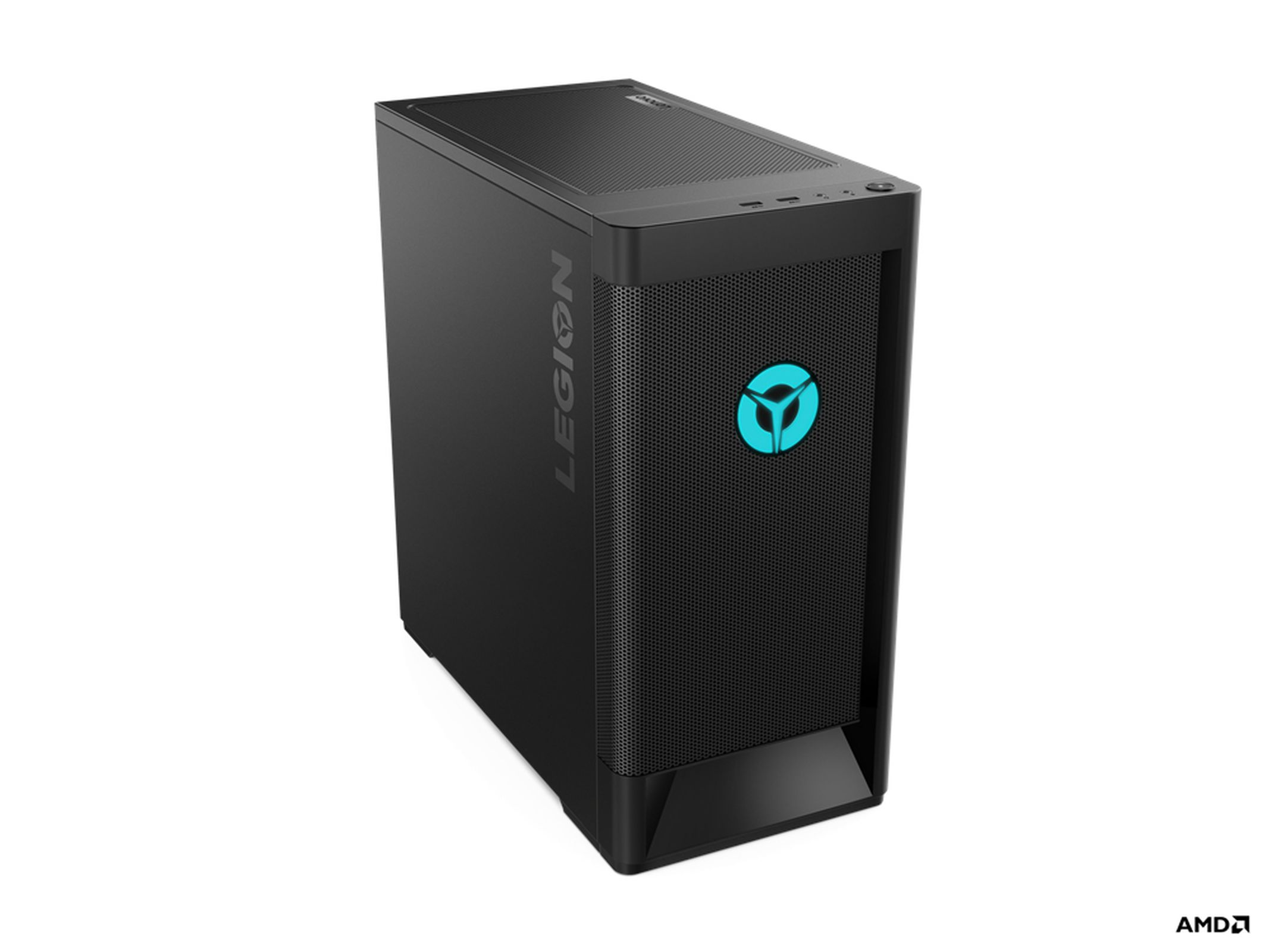 Ein schwarzer Lenovo Legion Gaming-PC mit teal Logo vorne und AMD-Logo.