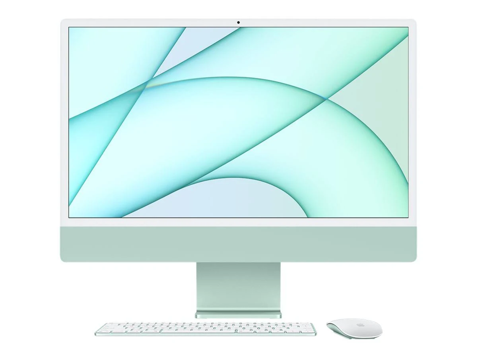 Mintgrüner iMac-Computer mit Tastatur und Maus.
