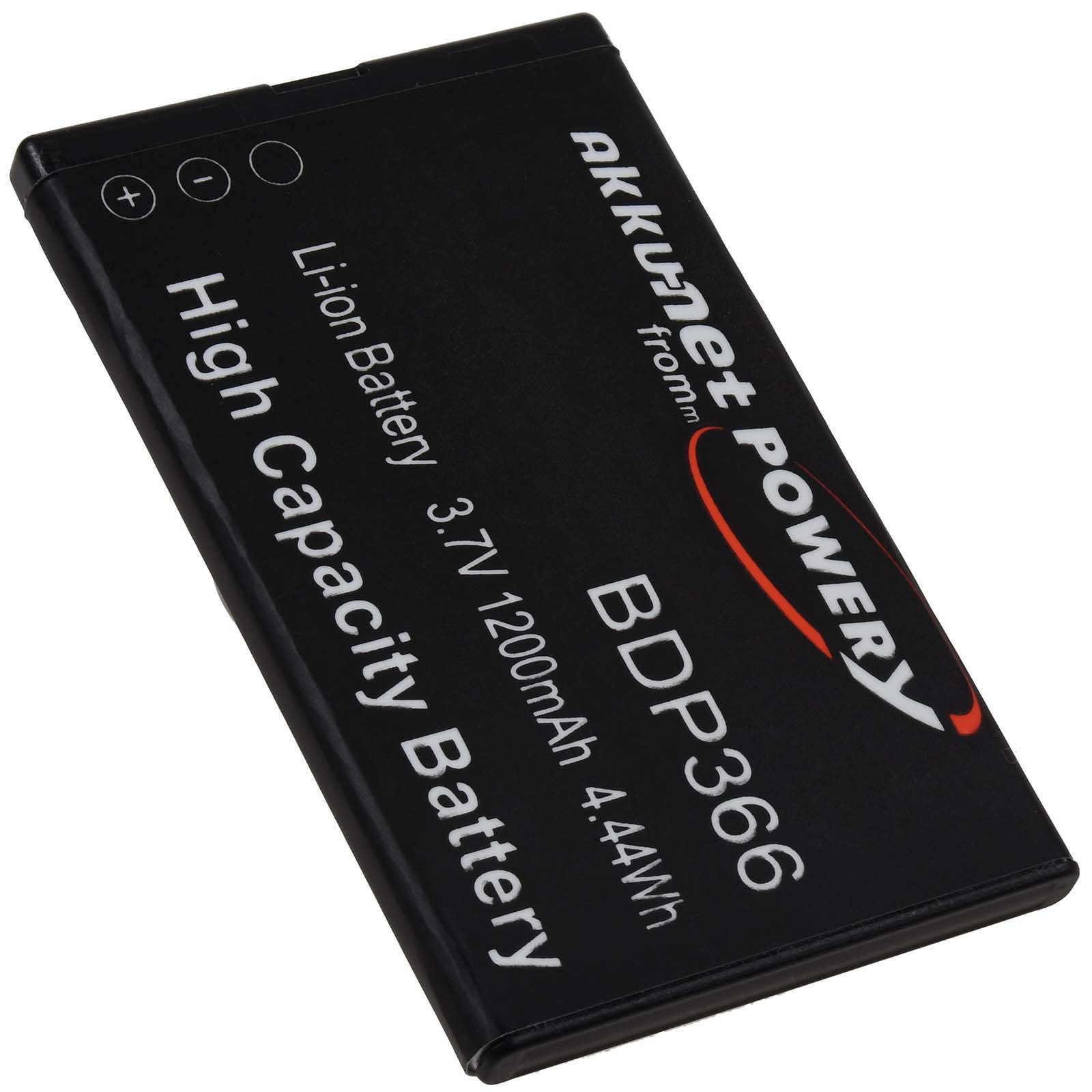 Batería negra con texto blanco: Batería de iones de litio, 3,7 V, 1200 mAh, 4,44 Wh.