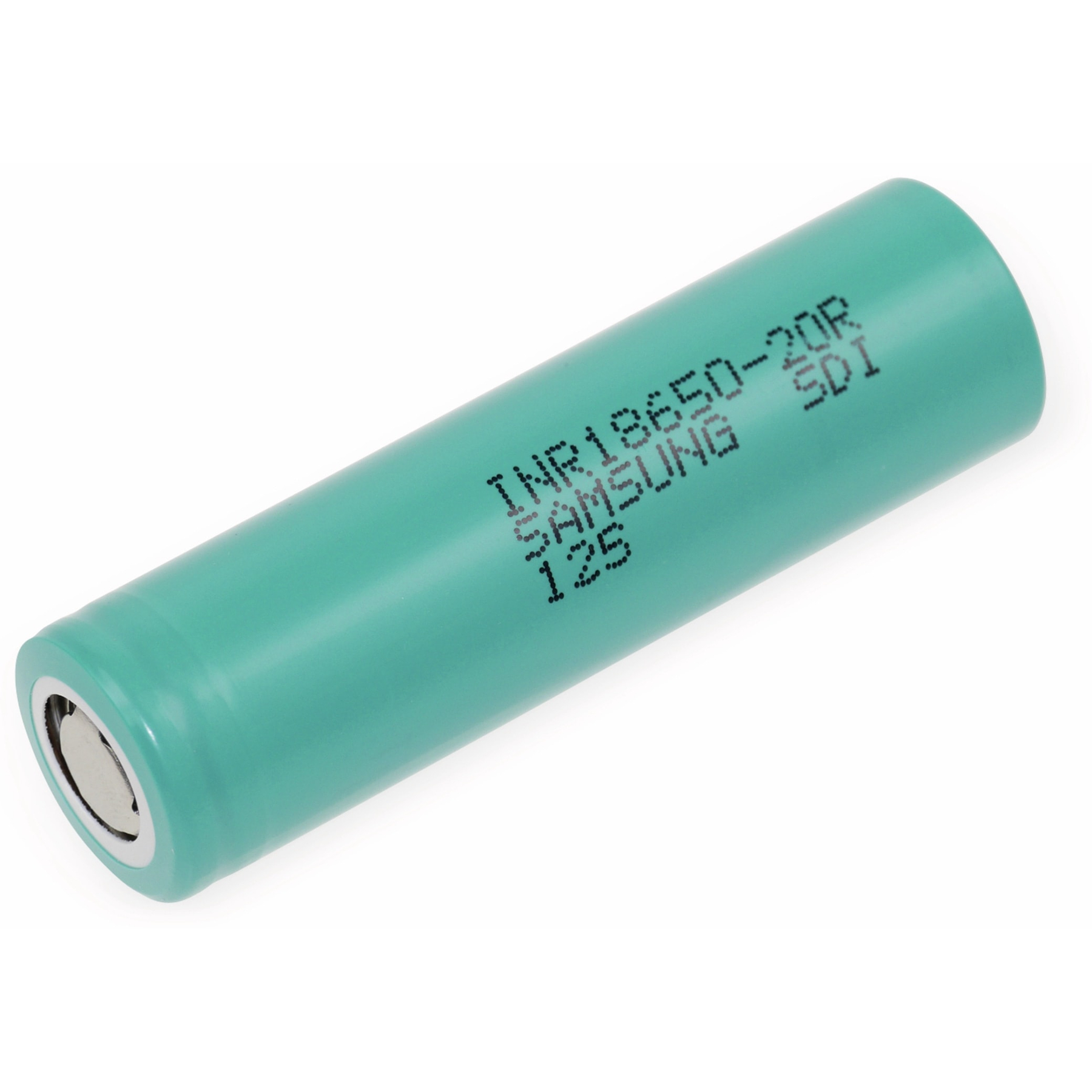 Eine grüne zylindrische Batterie mit weißem Text: INR18650-20R SAMSUNG SDI 125.