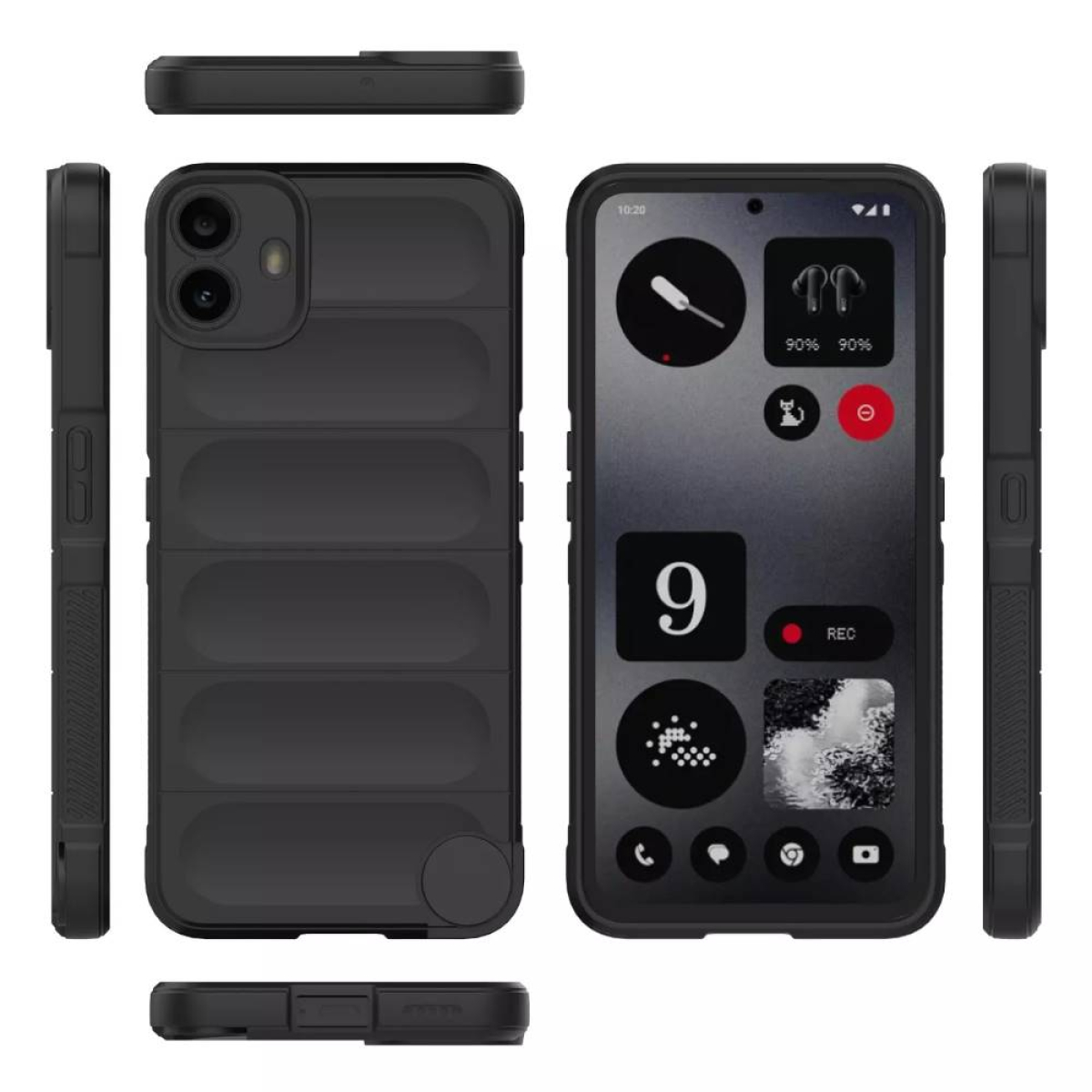 Schwarzes Telefon mit Hülle, mehrere Winkel. Zeigt den Bildschirm des Telefons mit Symbolen und einer 9.