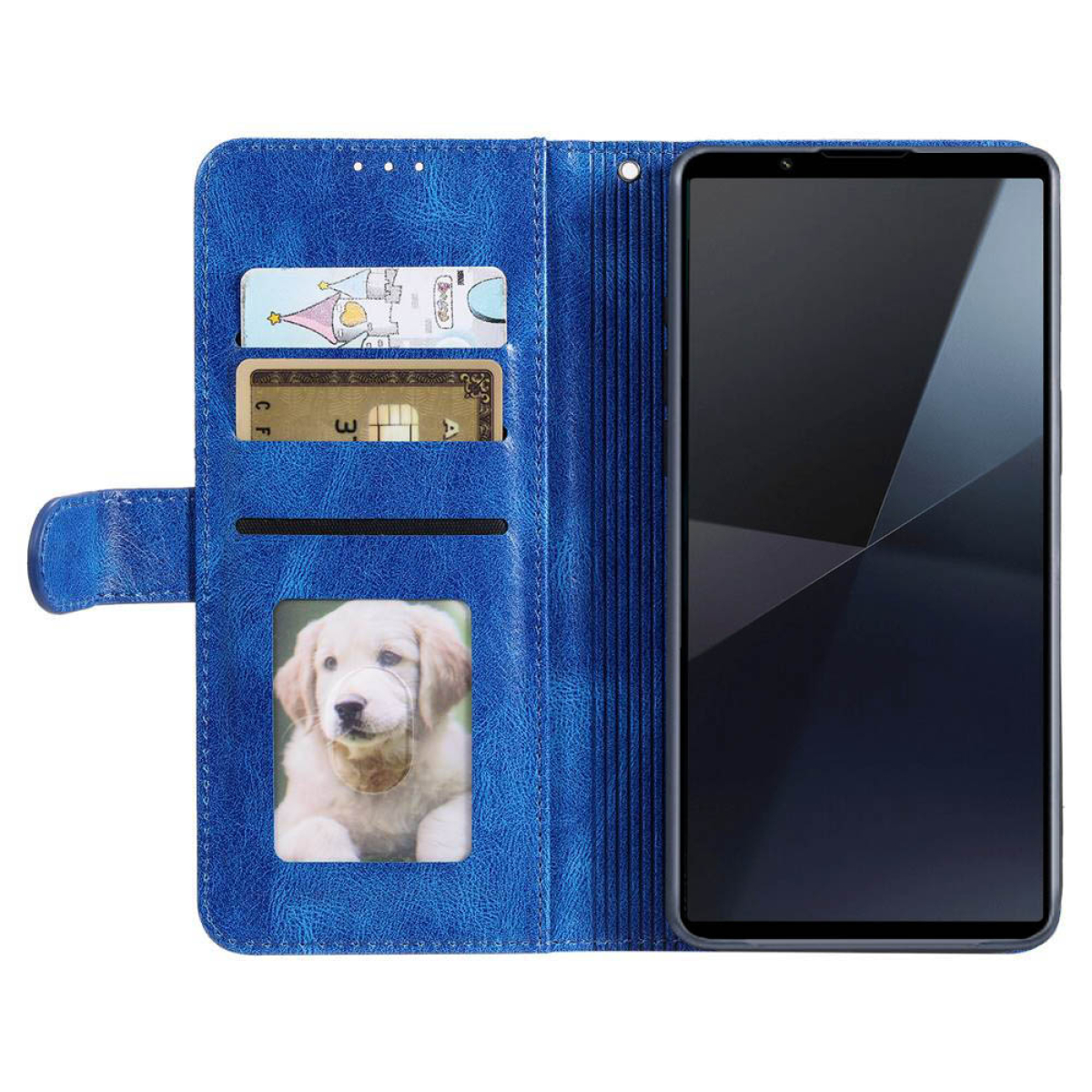 Blaue Handyhülle im Wallet-Design. Zeigt Smartphone, Kartenfächer und ein Foto.