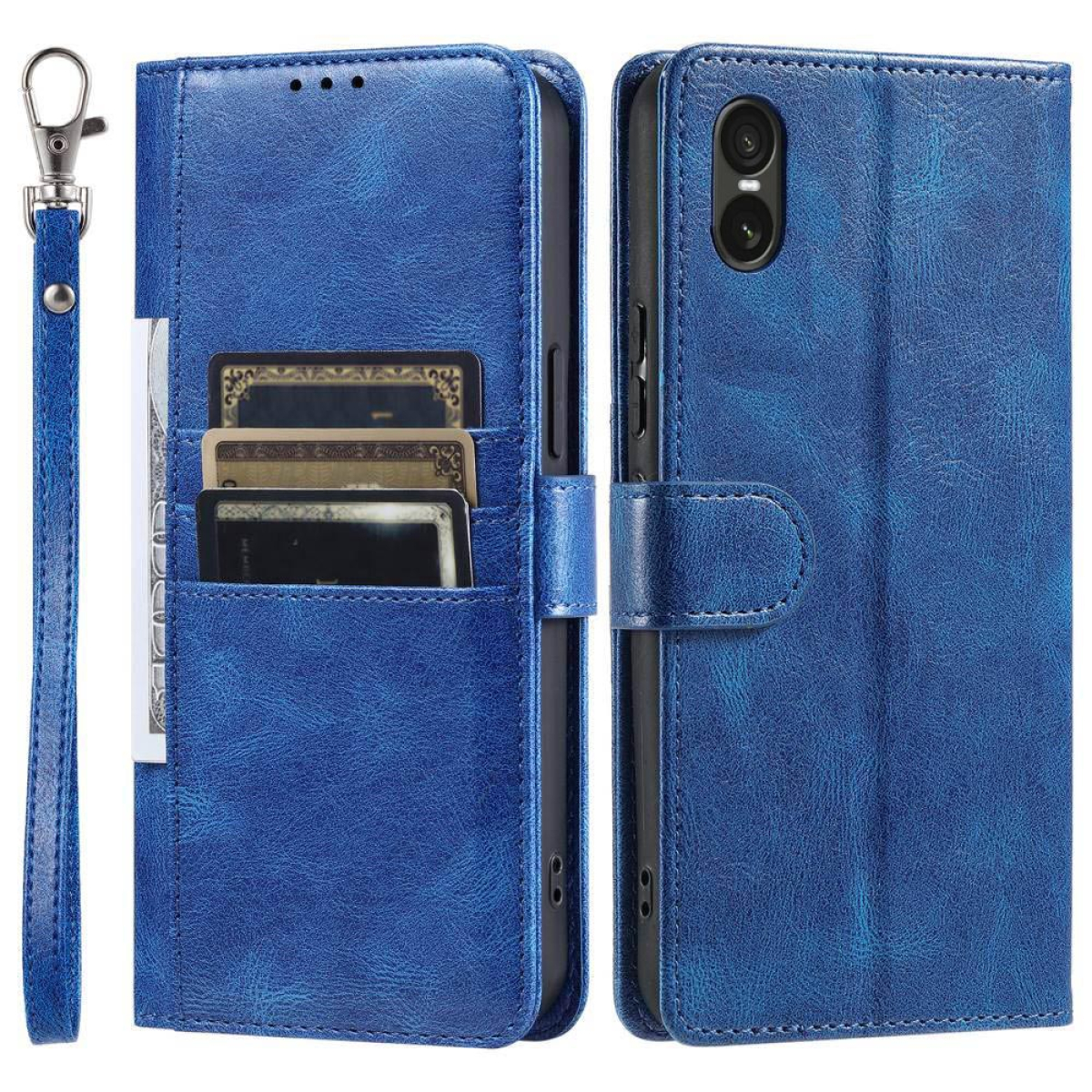 Eine blaue Leder-Handyhülle, geöffnet zur Anzeige von Kartenfächern und einem Telefon, sowie eine Handschlaufe.