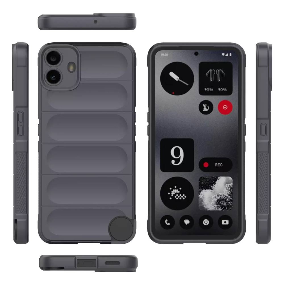 Dunkelgraue Handyhülle mit Telefon darin. Das Telefon zeigt eine Benutzeroberfläche an.