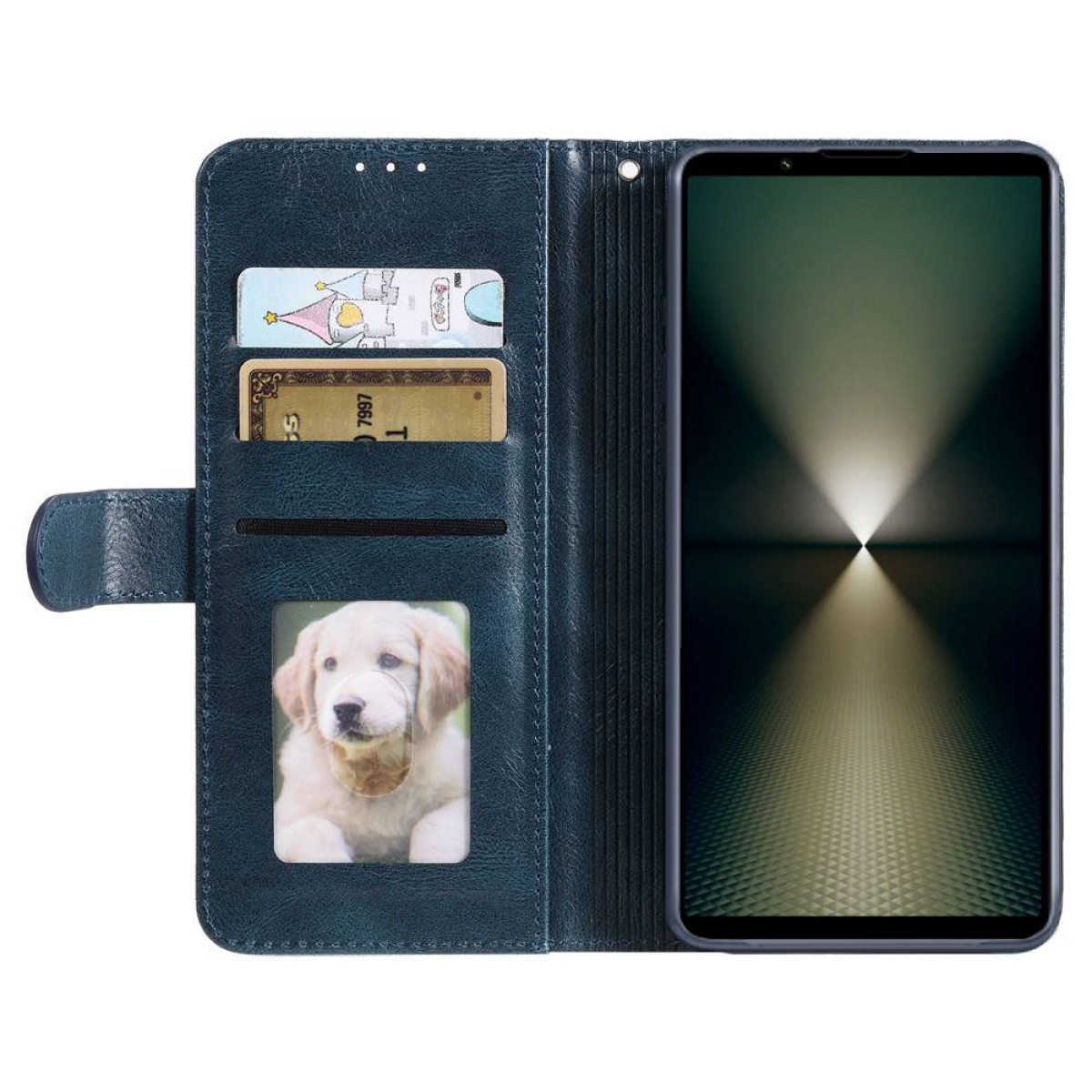 Dunkelblaues Wallet-Case mit einem Telefon darin, das ein Bild eines Golden Retrievers zeigt.