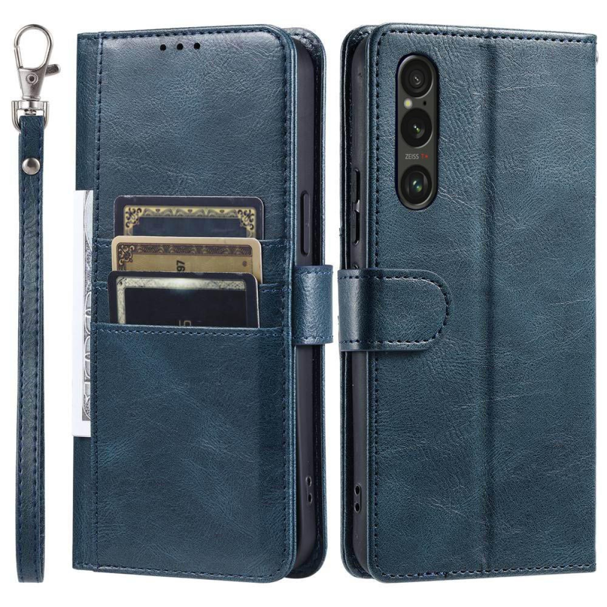 Blaue Handyhülle mit Kartenfächern. Es ist offen und zeigt Karten und ein Telefon. Ein Riemen ist befestigt.