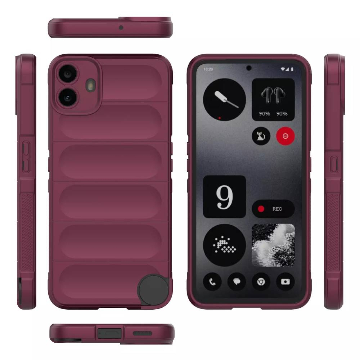 Ein weinrotes Telefon mit Mehrfachansicht, das Bildschirm- und Seitendetails zeigt.